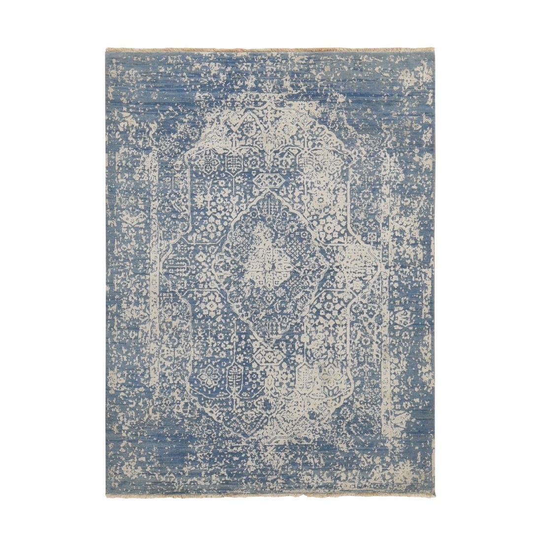 5'1"x7' Blue Wool and Silk Hand Knotted Broken Zoroastrian Design Rug: 5'1"x7' Blue Wool and Silk Hand Knotted Broken Zoroastrian Design Rug This stunning blue wool and silk hand-knotted rug boasts an intricate Broken Zoroastrian design, showcasing the rich cultural heri