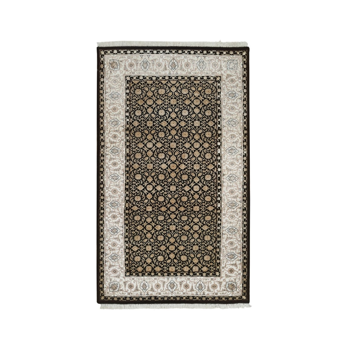 3'1"x5'5" Black 250 KPSI Organic Wool Hand Knotted Herrita Design Rug: 3'1"x5'5" Black 250 KPSI Organic Wool Hand Knotted Herrita Design Rug The 3'1"x5'5" Black Herrita Design Rug boasts a rich, all-black hue and intricate hand-knotted wool design, creating a striking fo