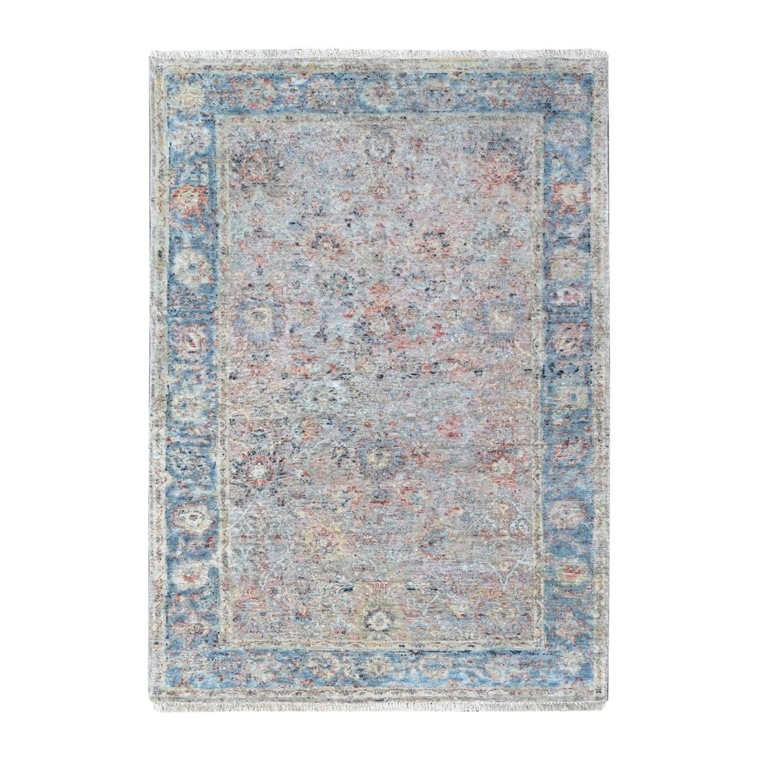 Hand Knotted Rug 4'x6' Whisper Pink Ziegler Mahal Design Zero Pile Wool: Hand Knotted Rug 4'x6' Whisper Pink Ziegler Mahal Design Zero Pile Wool The Whisper Pink Ziegler Mahal design rug boasts an all-over regional pattern in soft peach, yellow, and gray hues that compleme