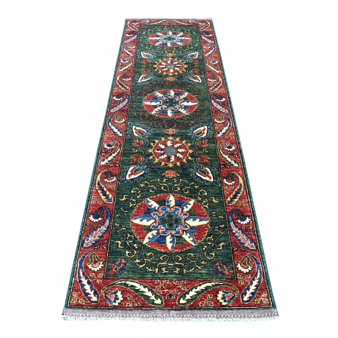 2'9"x9'7" Hand Knotted Green Afghan Turkoman Ersari Tribal Design Rug (1 of 6)