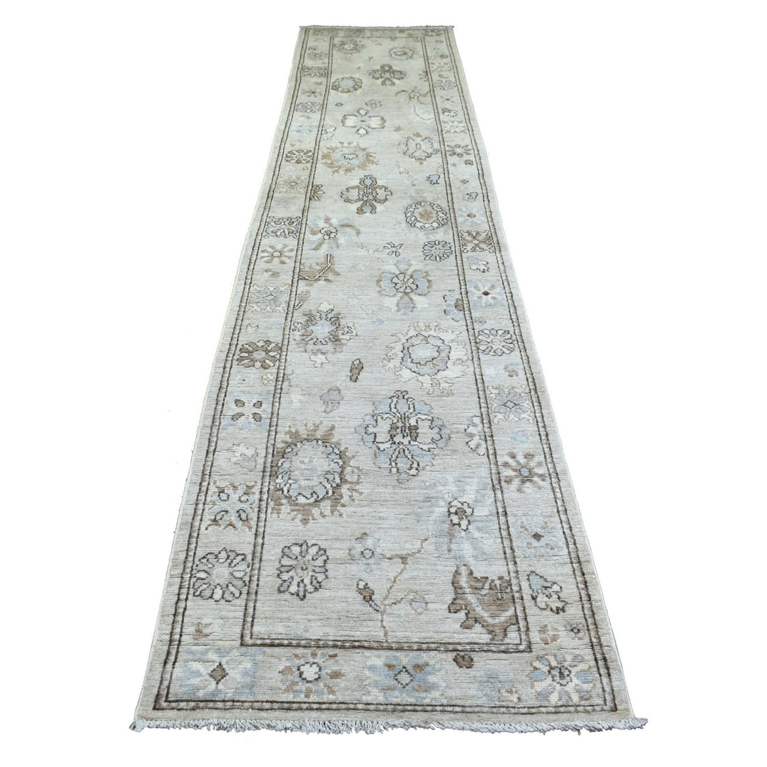 2'10"x13'9" Light Gray Angora Ushak Afghan Wool Hand Knotted Runner Rug: 2'10"x13'9" Light Gray Angora Ushak Afghan Wool Hand Knotted Runner Rug Light Gray Angora Ushak Afghan Wool Hand Knotted Runner Rug, measuring 2'10" x 13'9", boasts a stunning field color and intricat