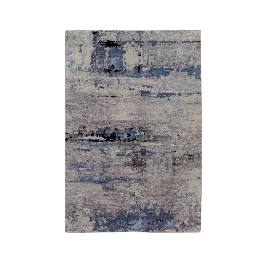 3'x4'10" Abstract Design Silver-Blue Hand Knotted Wool and Silk Rug: 3'x4'10" Abstract Design Silver-Blue Hand Knotted Wool and Silk Rug This stunning 3'x4'10" abstract design silver-blue hand knotted wool and silk rug boasts an intricate, unique pattern created with