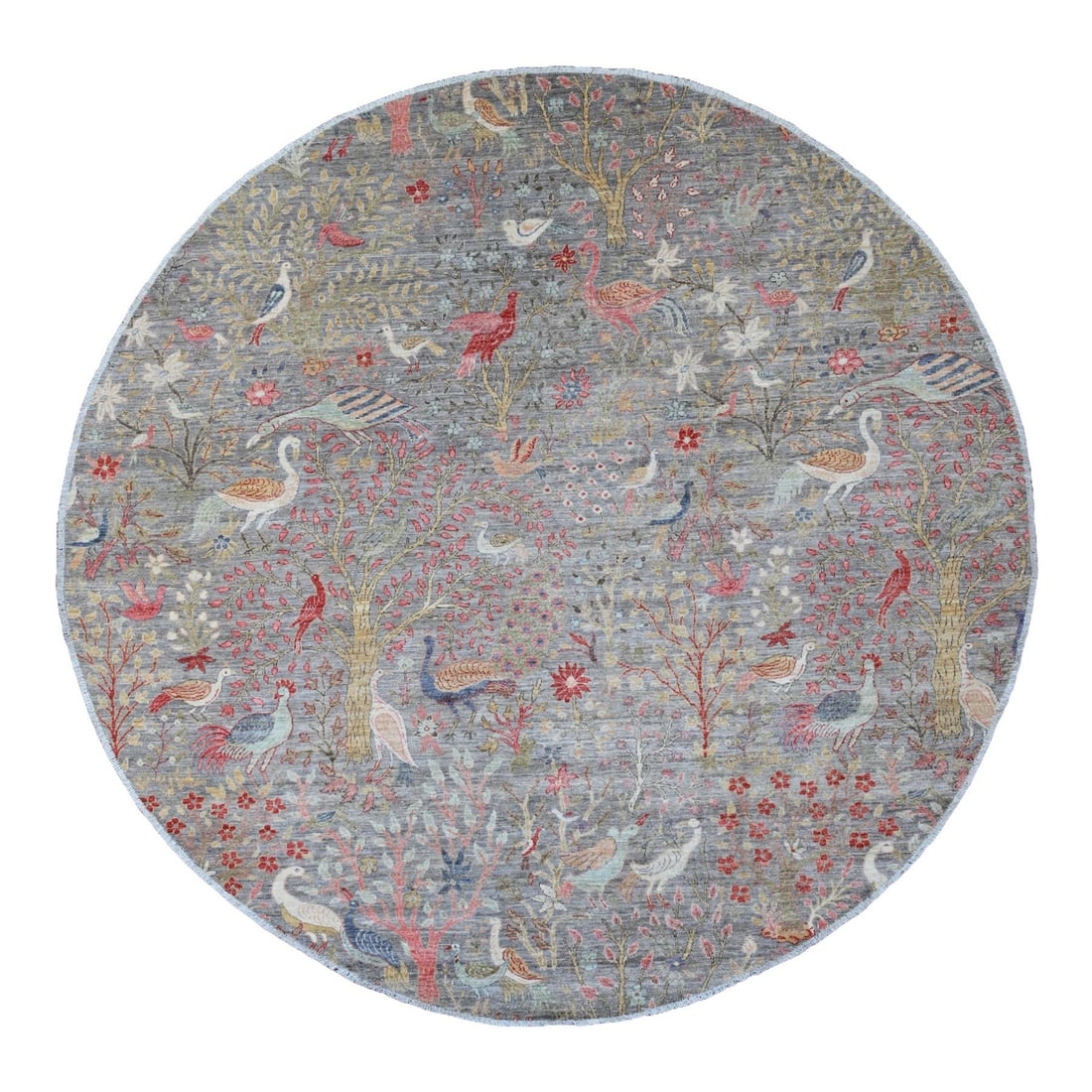 9'9"x9'9" Gray Afghan Peshawar Birds Design Hand Knotted Wool Round Rug: 9'9"x9'9" Gray Afghan Peshawar Birds Design Hand Knotted Wool Round Rug The Afghan Peshawar Birds Design Hand Knotted Wool Round Rug boasts a stunning grey field with intricate, hand-knotted wool desi