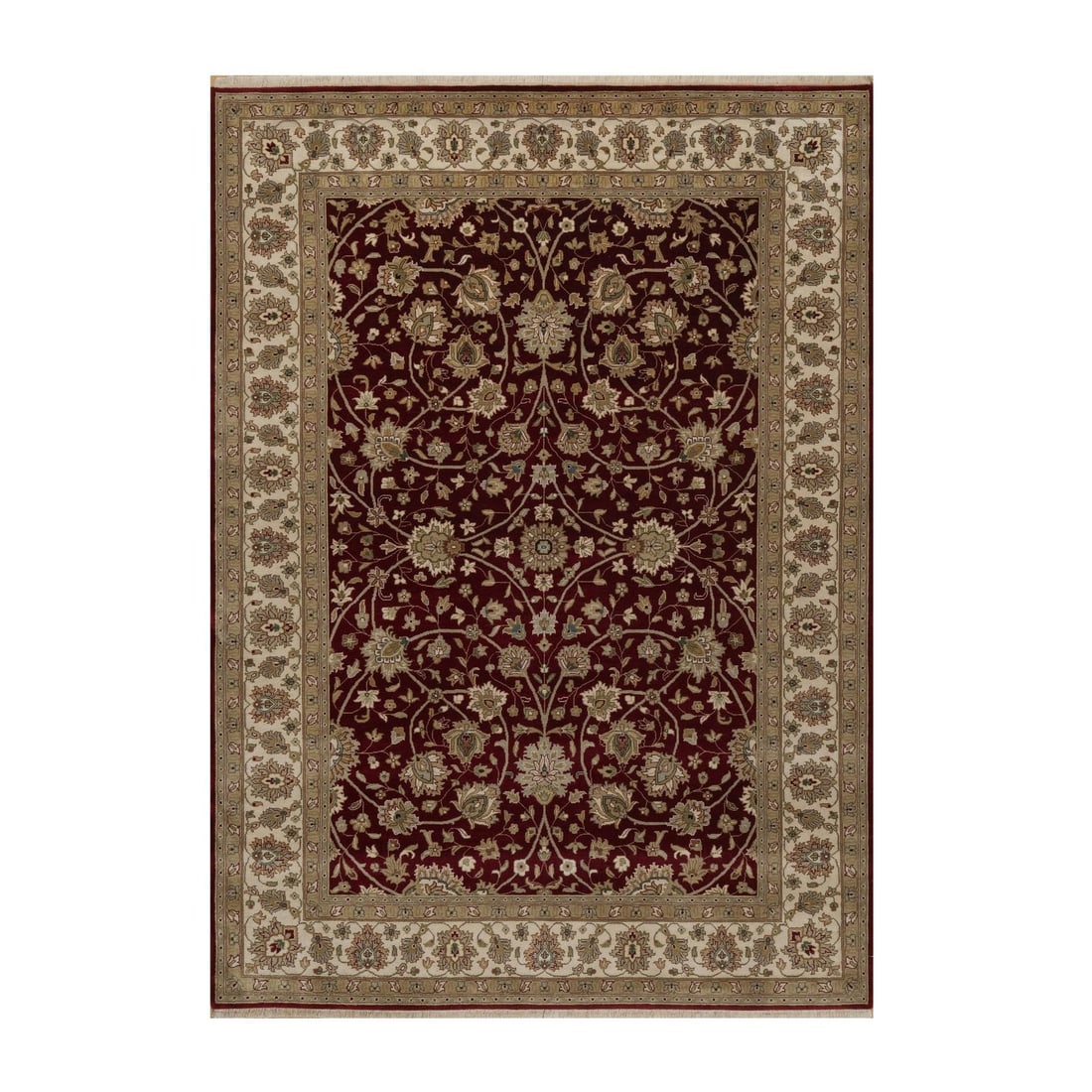 5'9"x8' Merlot Red Hand Knotted Rug Wool and Silk Indo Tebraz 300 KPSI: 5'9"x8' Merlot Red Hand Knotted Rug Wool and Silk Indo Tebraz 300 KPSI The Tebraz hand-knotted rug boasts an all-over regional design in rich, vibrant red, set against a subtle ivory border. Made from