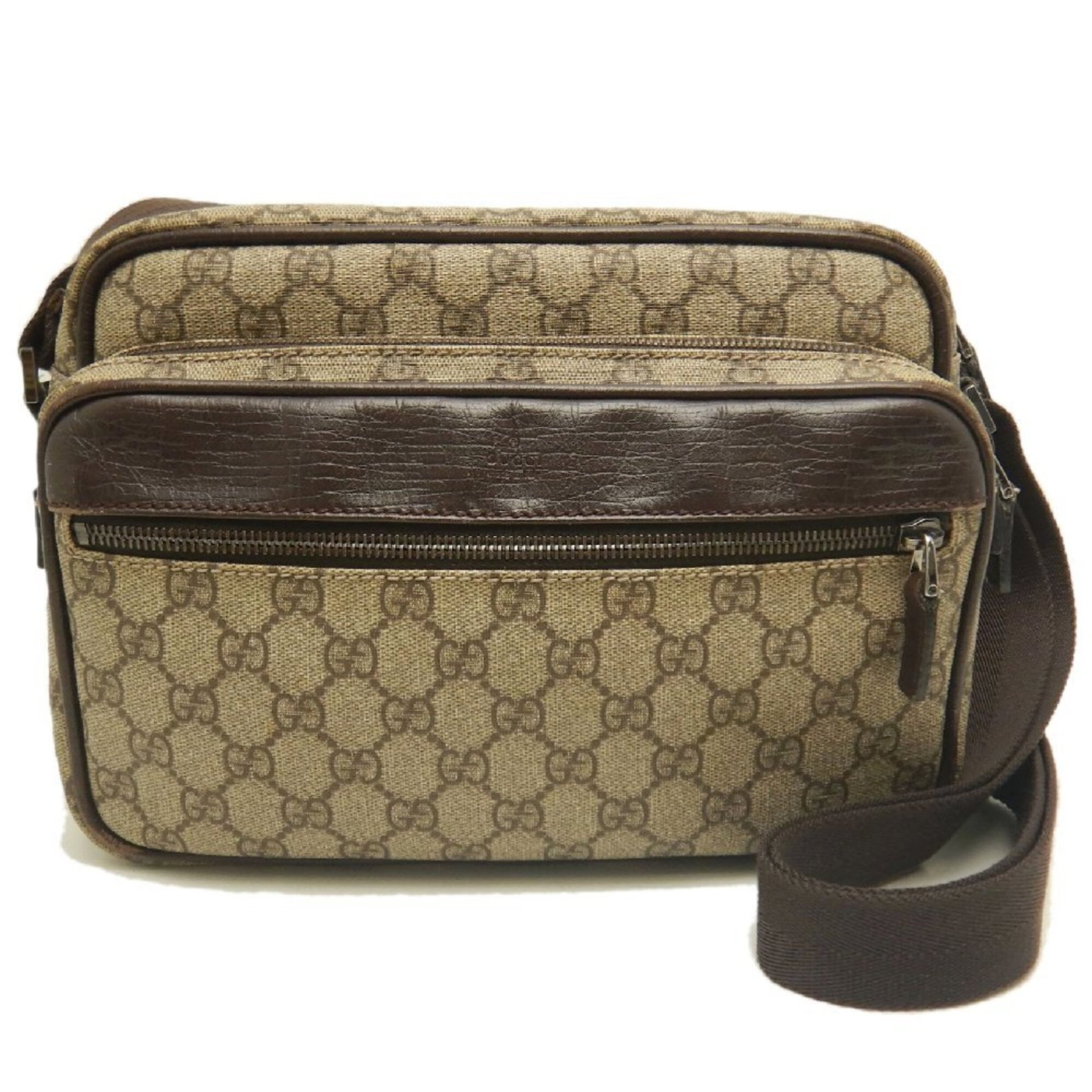 Supreme Bag Gucci Shoulder: Supreme Bag Gucci Shoulder Brown GG Supreme shoulder bag with silver hardware, featuring a zipper closure and adjustable strap length. The bag measures 19cm x 27cm x 11cm and has a strap length of 80c