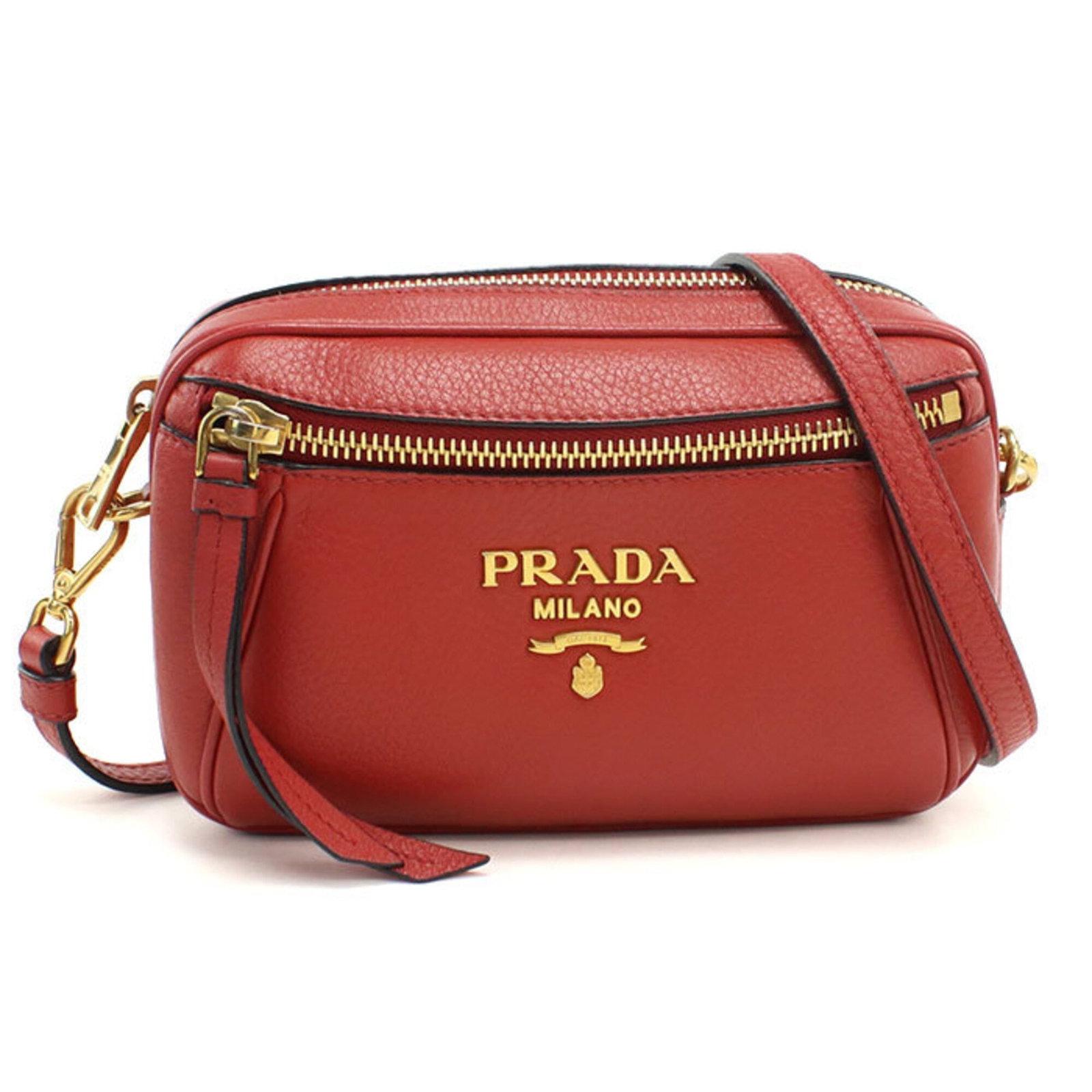 Prada Shoulder Bag Leather: Prada Shoulder Bag Leather Red Prada leather shoulder bag with gold hardware, measuring 12cm x 17cm x 4.5cm. This stylish bag features a classic design and premium leather material. Made in Romania, i