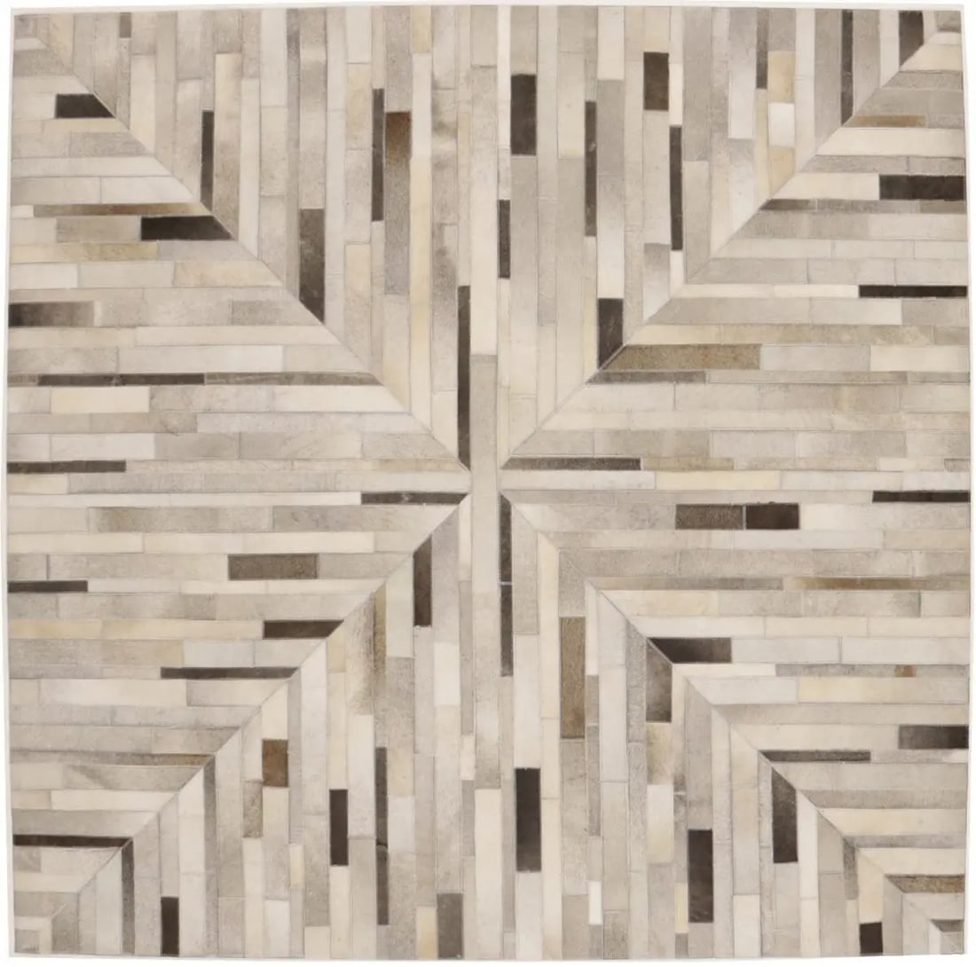6X6 Hand-Crafted Cowhide Leather Rug Modern Square Contemporary Carpet Hand-Knotted: 6X6 Hand-Crafted Cowhide Leather Rug Modern Square Contemporary Carpet Hand-Knotted Modern and sleek, this hand-crafted cowhide leather rug boasts a geometric pattern in charcoal gray, beige, and brow