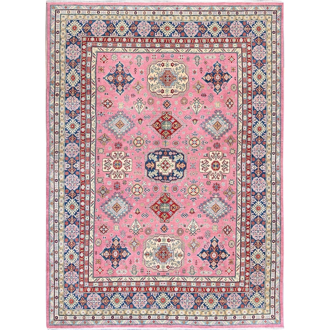 8'9"x11'8" Pink Kazak with Tribal Design Hand Knotted All Wool Oriental Rug: 8'9"x11'8" Pink Kazak with Tribal Design Hand Knotted All Wool Oriental Rug 8'9" x 11'8" Pink Kazak with Tribal Design Hand Knotted All Wool Oriental Rug features a unique, rectangular field with a vi