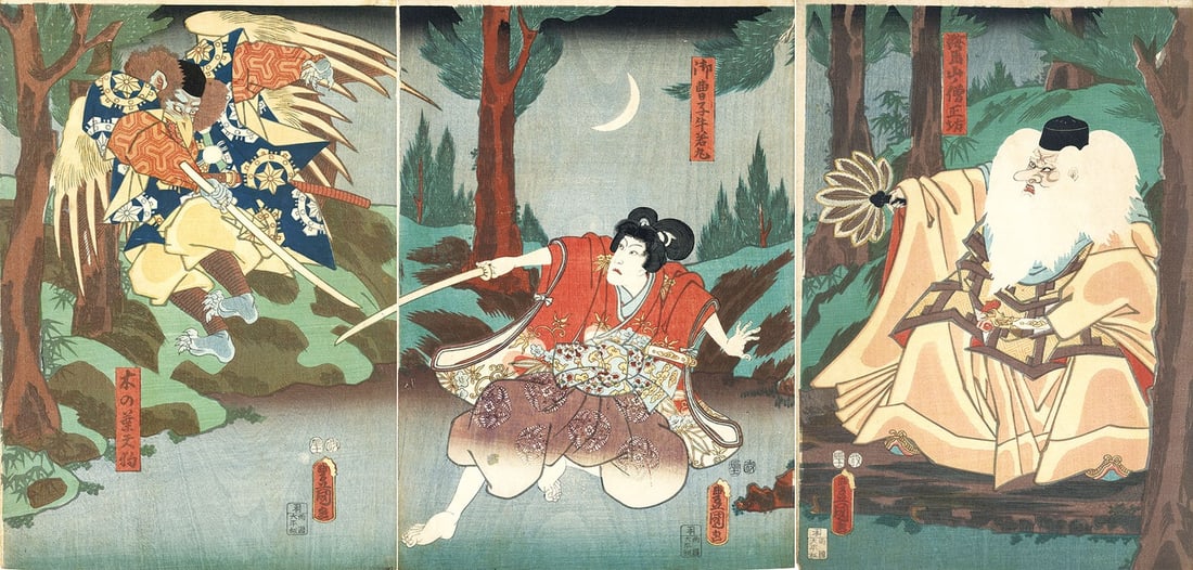 Toyokuni III Woodblock Print Ushiwakamaru and Tengu King Sojobo Triptych: Toyokuni III Woodblock Print Ushiwakamaru and Tengu King Sojobo Triptych Item Specifics: Artist: Toyokuni III (Utagawa Kunisada) Subject: Minamoto no Yoshitsune and the Tengu King at Mount Kurama Mate