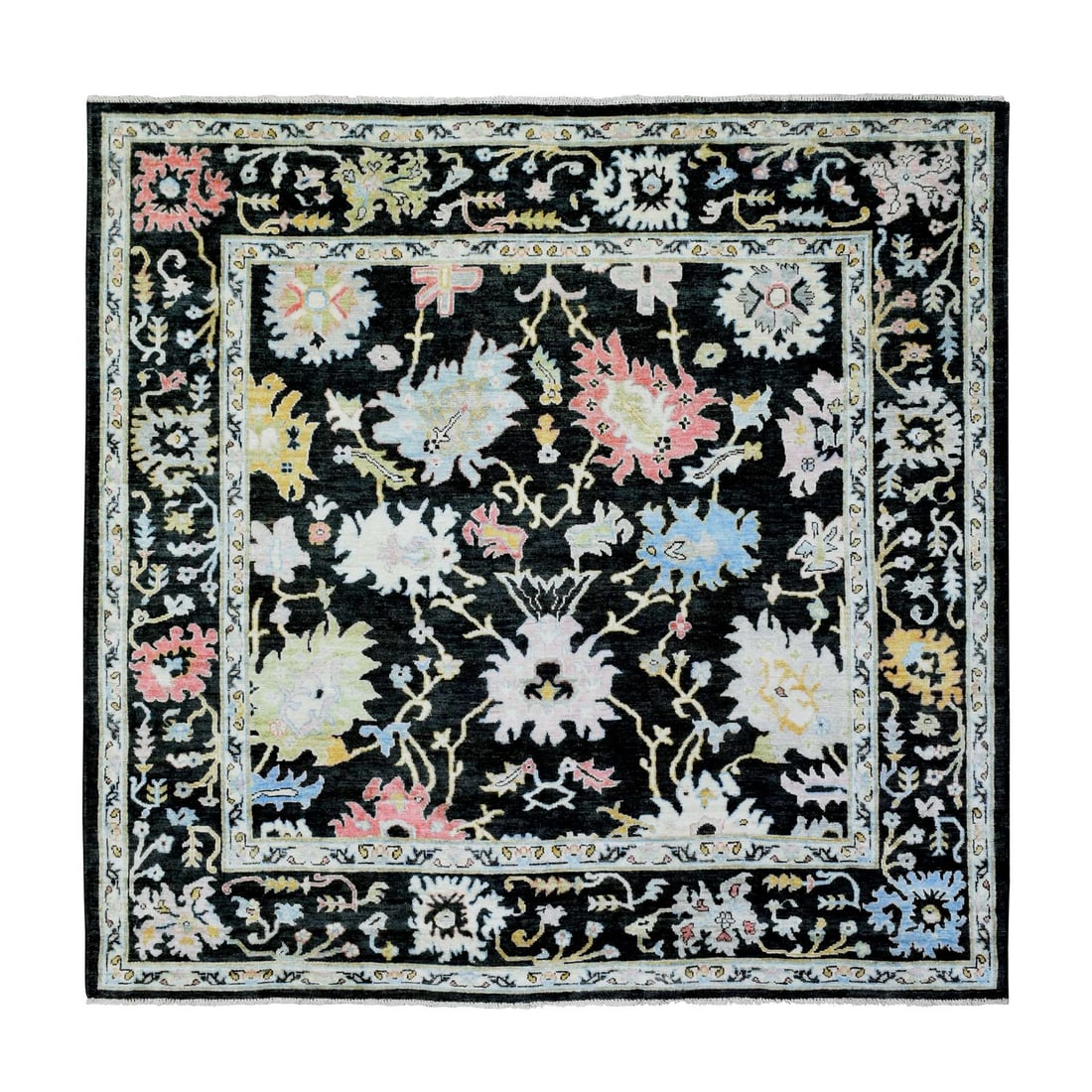 7'10"x7'10" Black Wool Hand Knotted Afghan Angora Oushak Square Rug: 7'10"x7'10" Black Wool Hand Knotted Afghan Angora Oushak Square Rug Black Wool Hand Knotted Afghan Angora Oushak Square Rug measures 7'10" x 7'8" and features a classic Oriental design in a rich black