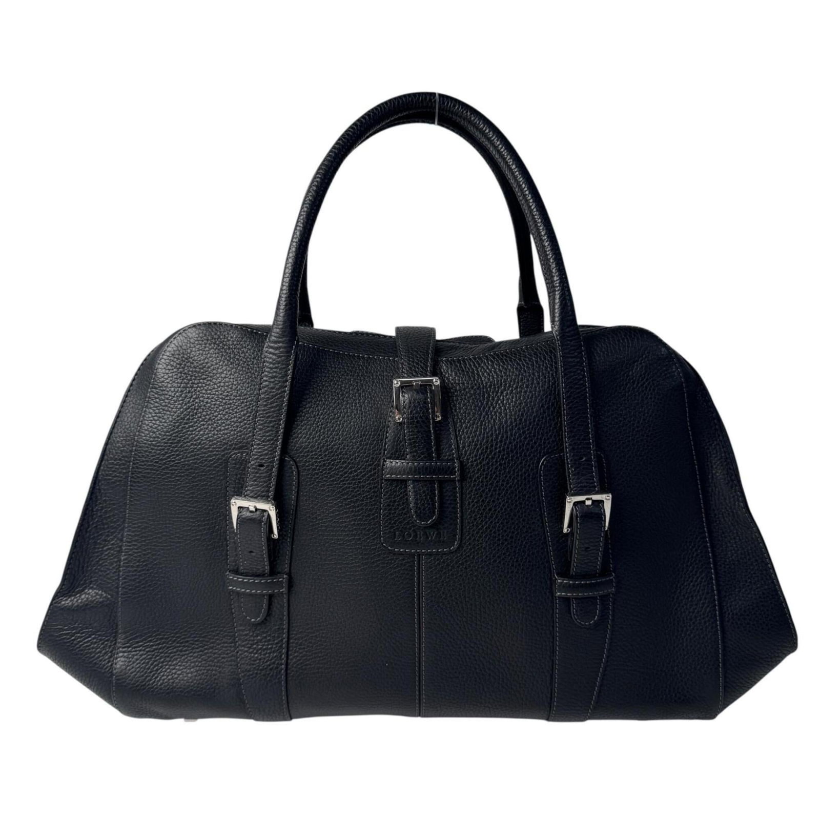 Handbag Leather by Loewe: Handbag Leather by Loewe Black Loewe handbag made from high-quality leather, featuring a sleek and sophisticated design with dimensions of 28cm x 53cm x 13cm. This stylish bag is perfect for everyday 
