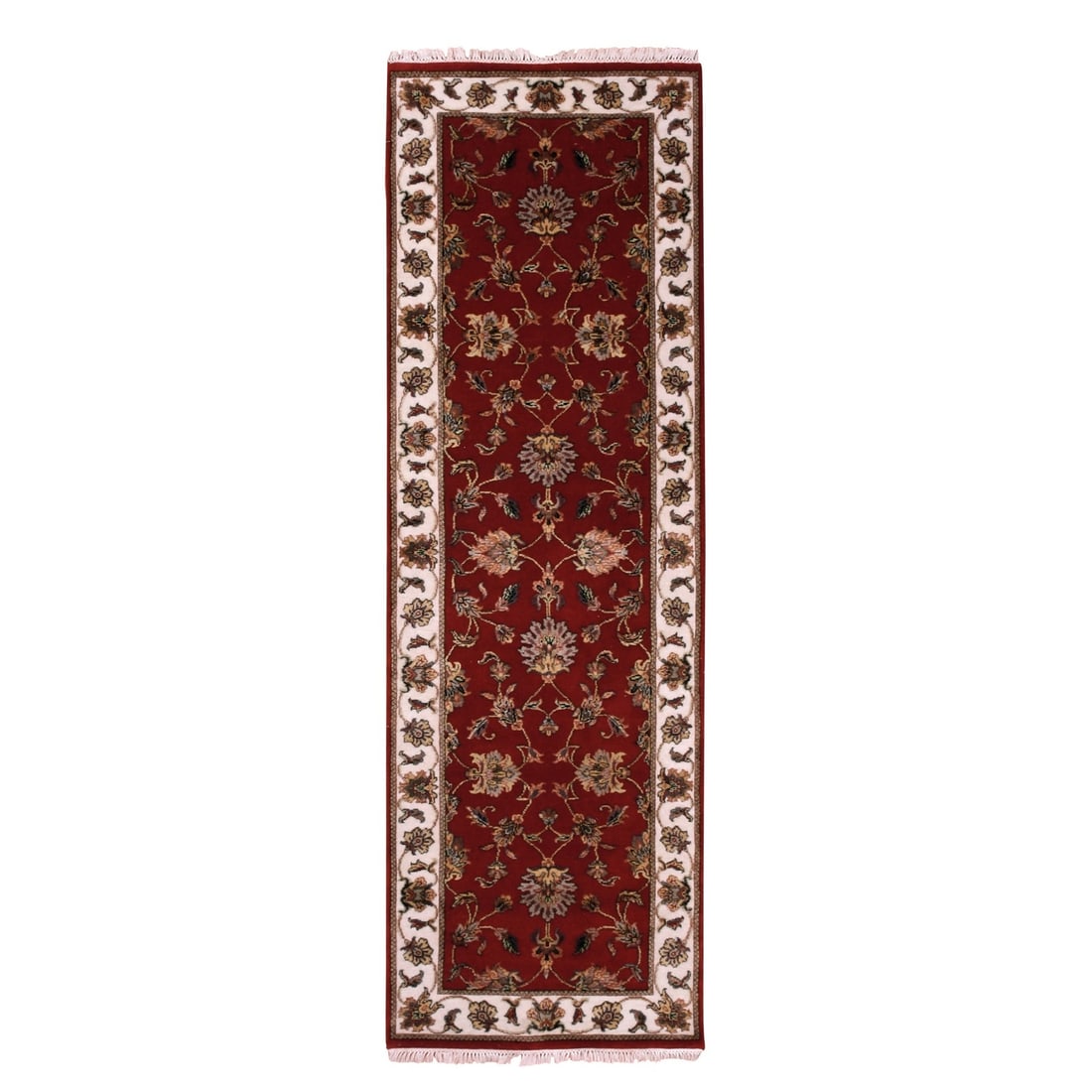 2'6"x8'2" Red Wool and Silk Hand Knotted Rajasthan Design Runner Rug: 2'6"x8'2" Red Wool and Silk Hand Knotted Rajasthan Design Runner Rug Red Wool and Silk Hand Knotted Rajasthan Design Runner Rug features an intricate flatweave design in vibrant red hues,