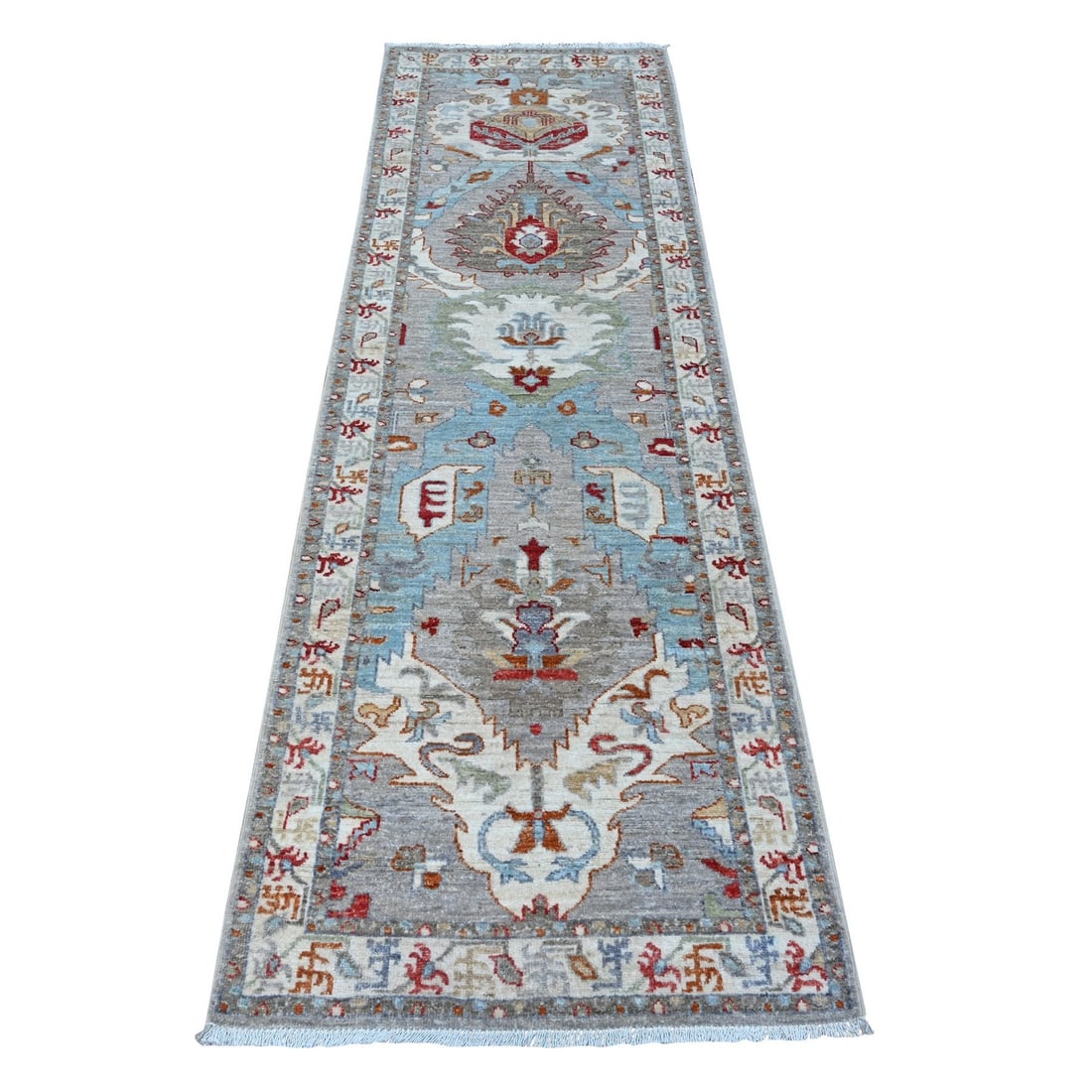 2'5"x7'8" Gray Hand Knotted North West Zoroastrian Runner Oriental Rug: 2'5"x7'8" Gray Hand Knotted North West Zoroastrian Runner Oriental Rug Hand-knotted in wool, this stunning 2'5"x7'8" gray Zoroastrian runner rug boasts an intricate Oriental design, characteristic of 
