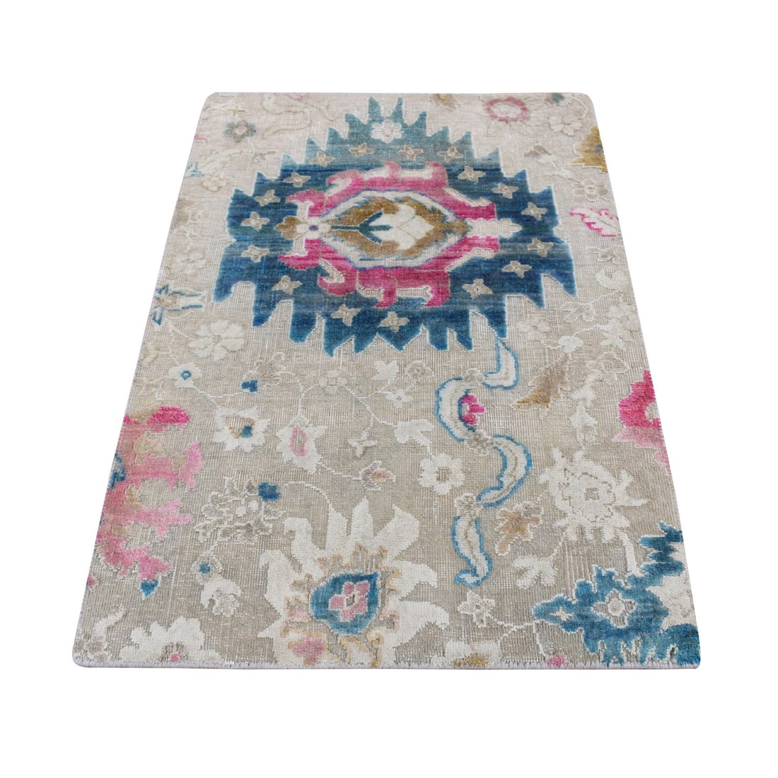 2'x3' Gray Hand Knotted Oushak Design Silk with Wool Sample Mat Rug: 2'x3' Gray Hand Knotted Oushak Design Silk with Wool Sample Mat Rug The Oushak Design Silk with Wool Sample Mat Rug boasts a stunning grey color and intricate hand-knotted design, featuring wool and s
