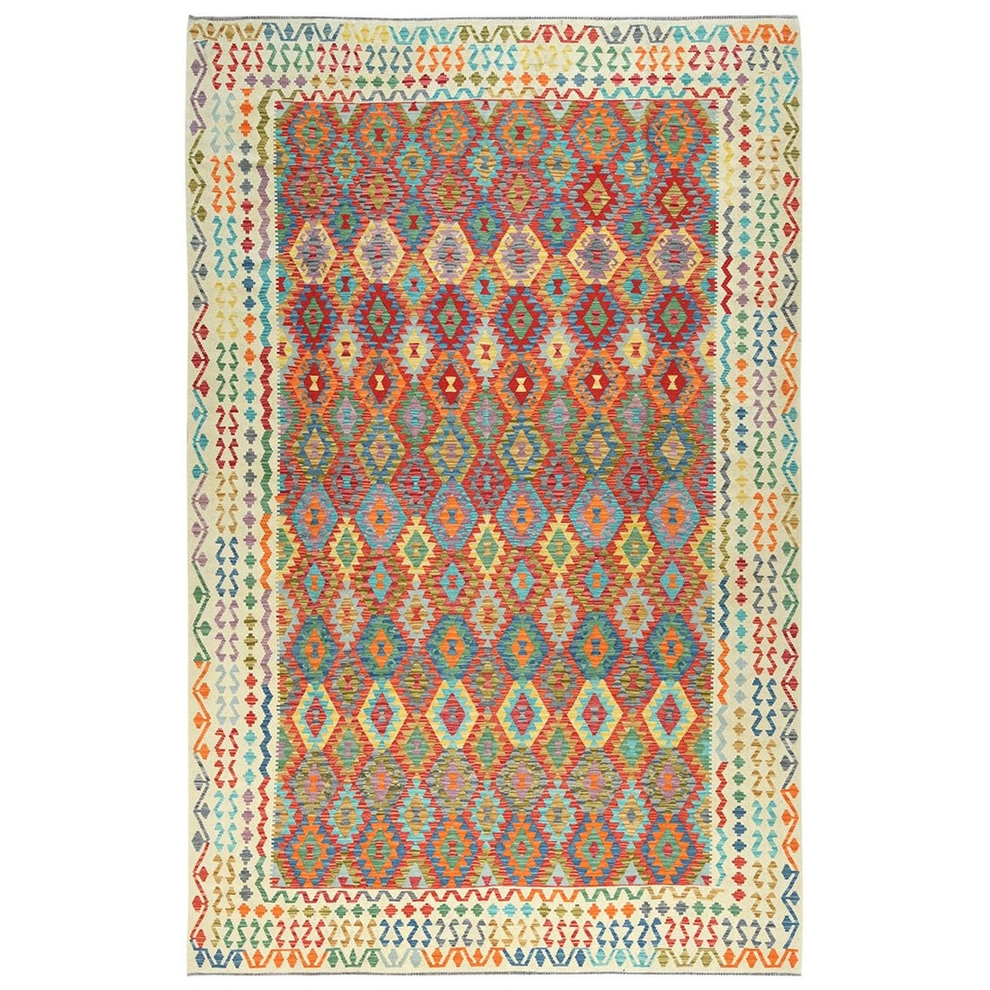 10'3"x16'1" Colorful Organic Wool Hand Woven Afghan Kilim Oversized Rug: 10'3"x16'1" Colorful Organic Wool Hand Woven Afghan Kilim Oversized Rug This vibrant, hand-woven kilim rug boasts an oversized rectangular field with a unique multi-colored design inspired by