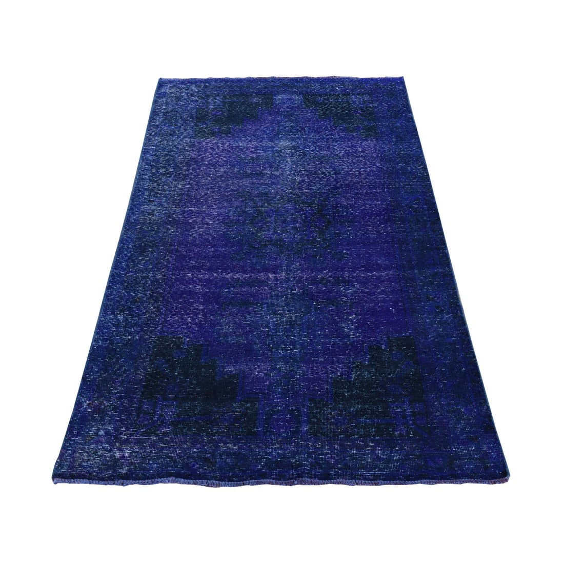 4'3"x7'10" Blue Wool Handmade Overdyed Vintage Tebraz Wide Runner Rug: 4'3"x7'10" Blue Wool Handmade Overdyed Vintage Tebraz Wide Runner Rug Hand-knotted in wool, this stunning 4'3"x7'10" blue overdyed Tebraz-style runner rug boasts a rich, vibrant field color and