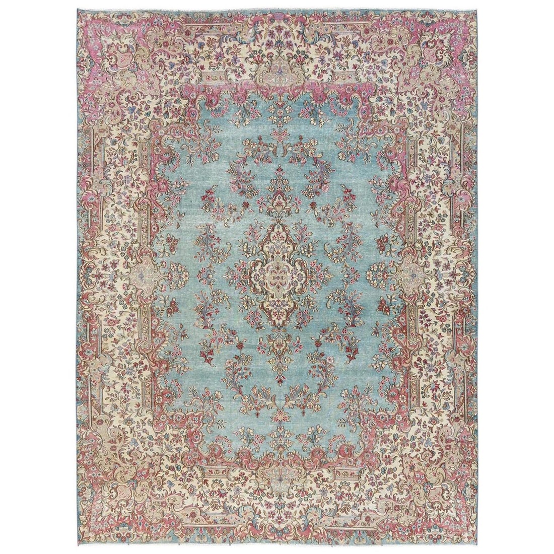 8'x10'7" Light Blue Vintage Zoroastrian Karman Hand Knotted Pure Wool Rug: 8'x10'7" Light Blue Vintage Zoroastrian Karman Hand Knotted Pure Wool Rug The 8'x10'7" Light Blue Vintage Zoroastrian Karman Hand Knotted Pure Wool Rug boasts an impressive medallion pattern,