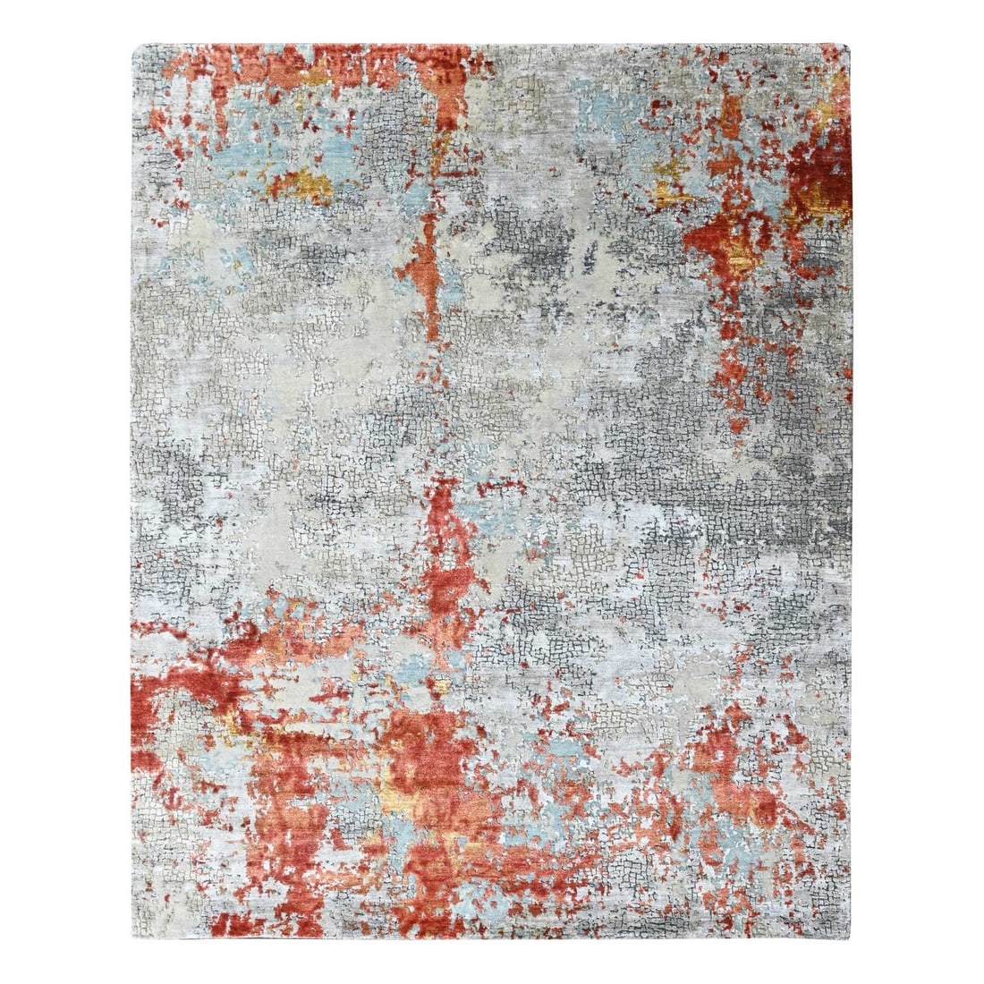 Hand Knotted Rug 8'1"x9'10" Orange with Gray Wool & Silk Abstract Design: Hand Knotted Rug 8'1"x9'10" Orange with Gray Wool & Silk Abstract Design Hand-knotted with wool and silk, this vibrant orange abstract rug boasts an intricate design in shades of gray. Measuring 8'1"