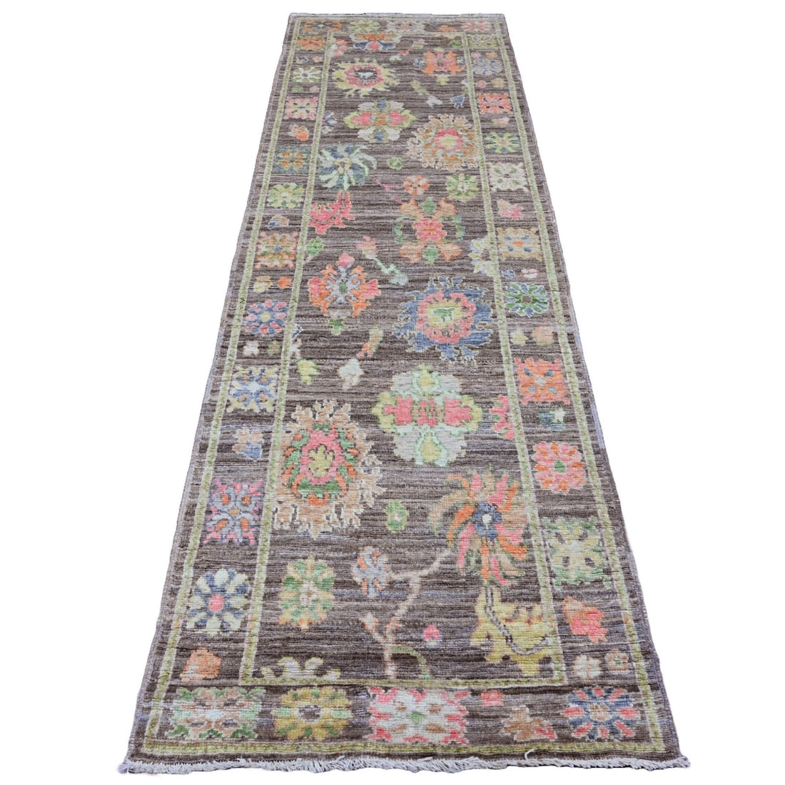 Angora Oushak Leaf Design Hand Knotted 3'x9'8" Brown Wool Runner Rug: Angora Oushak Leaf Design Hand Knotted 3'x9'8" Brown Wool Runner Rug Hand-knotted in rich brown wool, this Oushak-style runner rug boasts an intricate leaf design against a warm field background. Meas