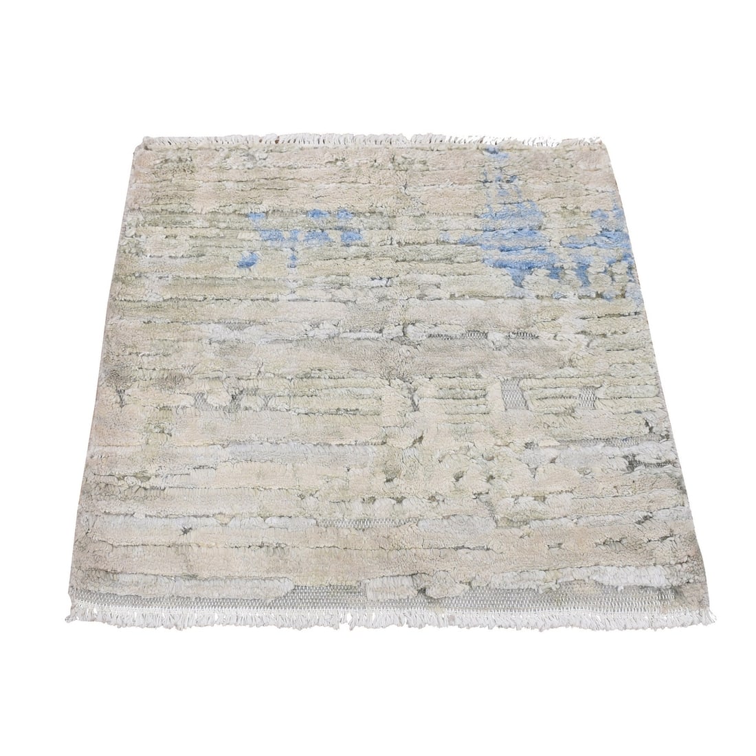 2'x2' Bone White Sample Modern Silk with Wool Hand Knotted Square Rug: 2'x2' Bone White Sample Modern Silk with Wool Hand Knotted Square Rug Hand-knotted in wool and pure silk, this modern square rug boasts an elegant ivory color and subtle sheen. Measuring 24" x 24", it