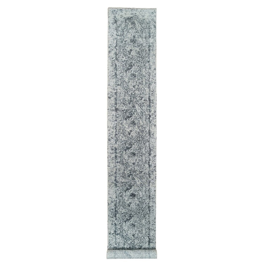 2'8"x20' Gray Wool/ Silk Hand Knotted Zoroastrian Design XL Runner Rug: 2'8"x20' Gray Wool/ Silk Hand Knotted Zoroastrian Design XL Runner Rug The Zoroastrian design XL runner rug boasts a stunning grey color with intricate patterns woven into its silk and wool fabric. Ha
