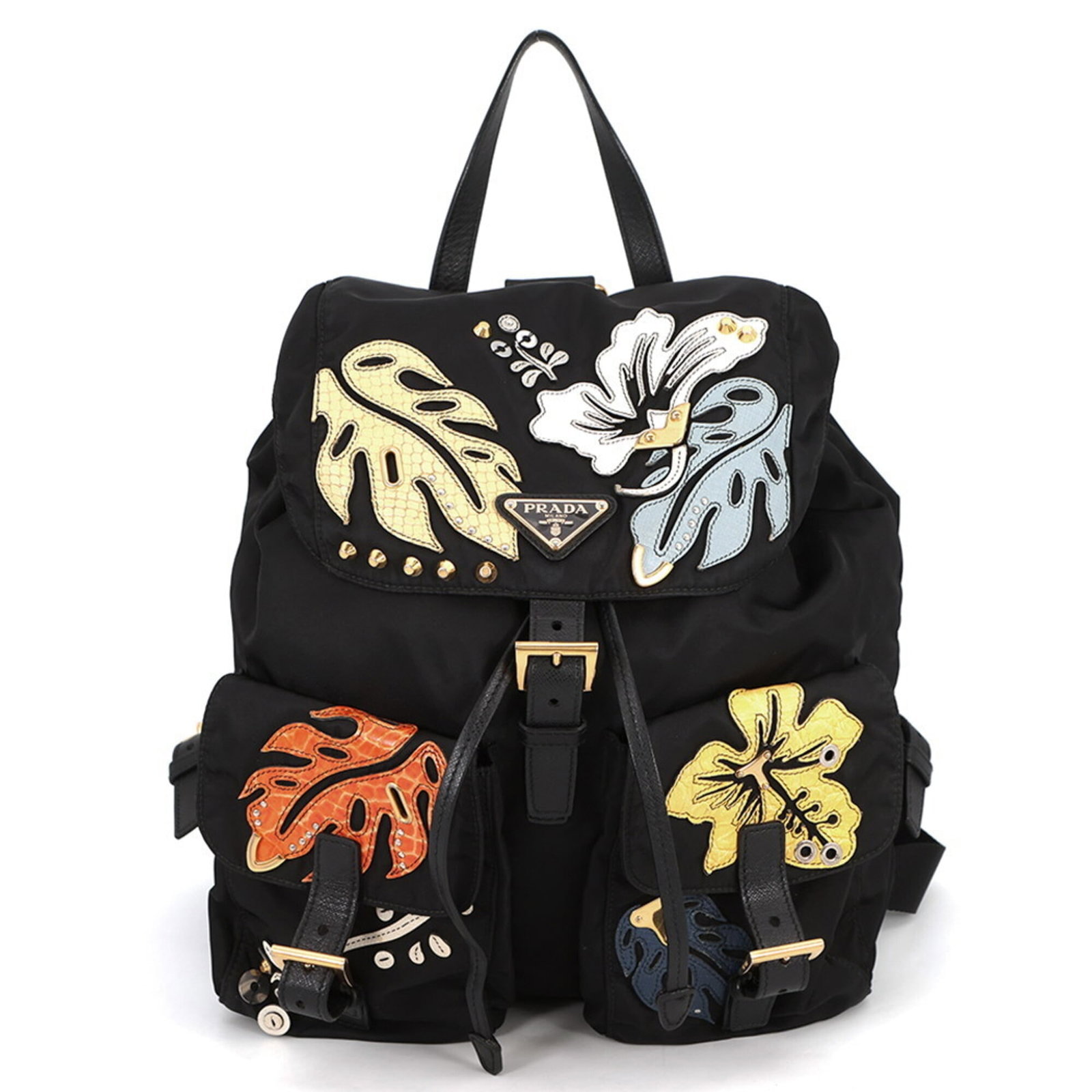 Handbag Backpack Nylon Leather Prada: Handbag Backpack Nylon Leather Prada Nylon and leather blend in sleek, modern design with Prada branding. This versatile backpack features a black and multi-color color scheme, measuring 32cm x 30cm