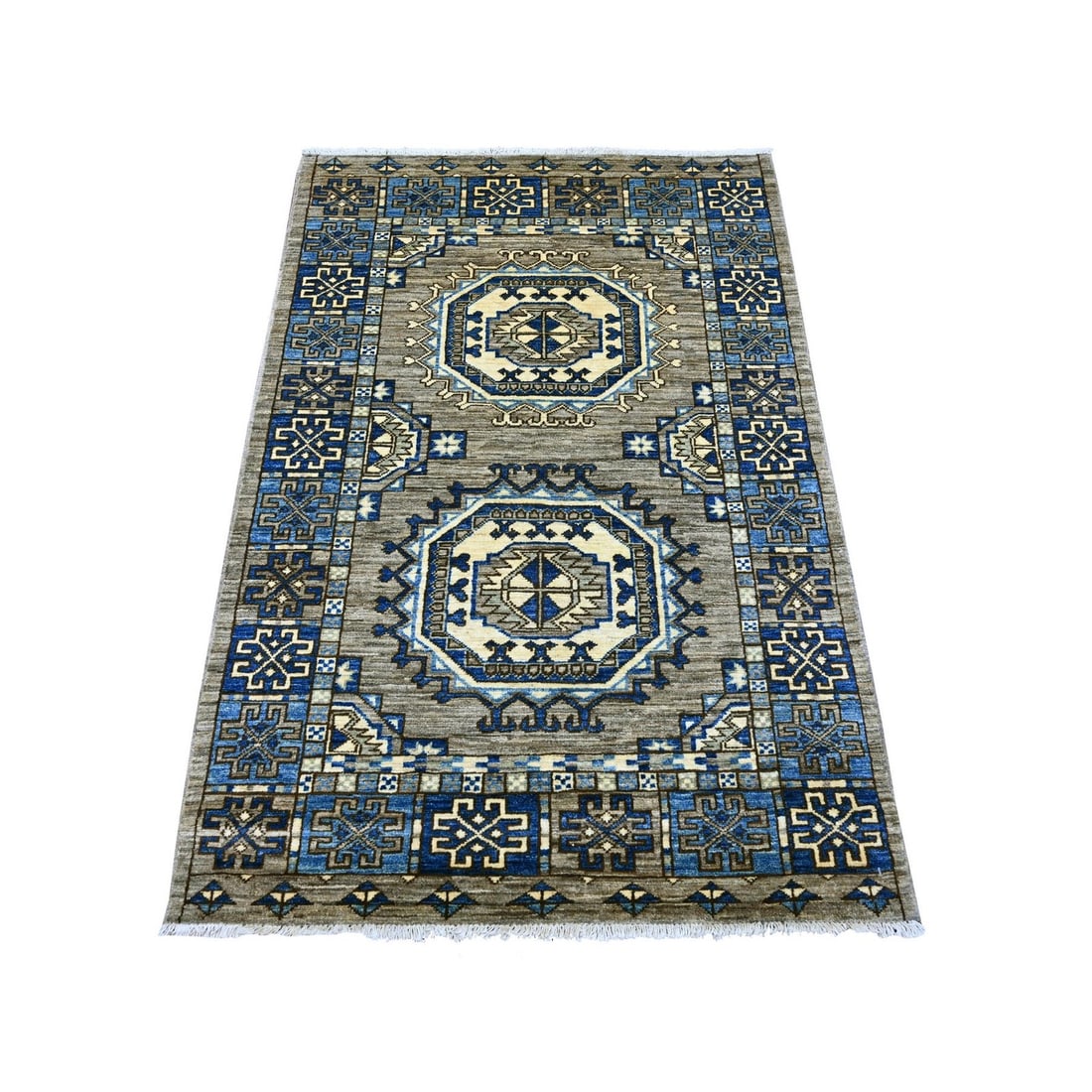 3'3"x4'10" Gray Hand Knotted Afghan Ersari Elephant Feet Design Wool Rug: 3'3"x4'10" Gray Hand Knotted Afghan Ersari Elephant Feet Design Wool Rug This stunning hand-knotted Afghan wool rug boasts an intricate elephant feet design in a beautiful gray color, set against a