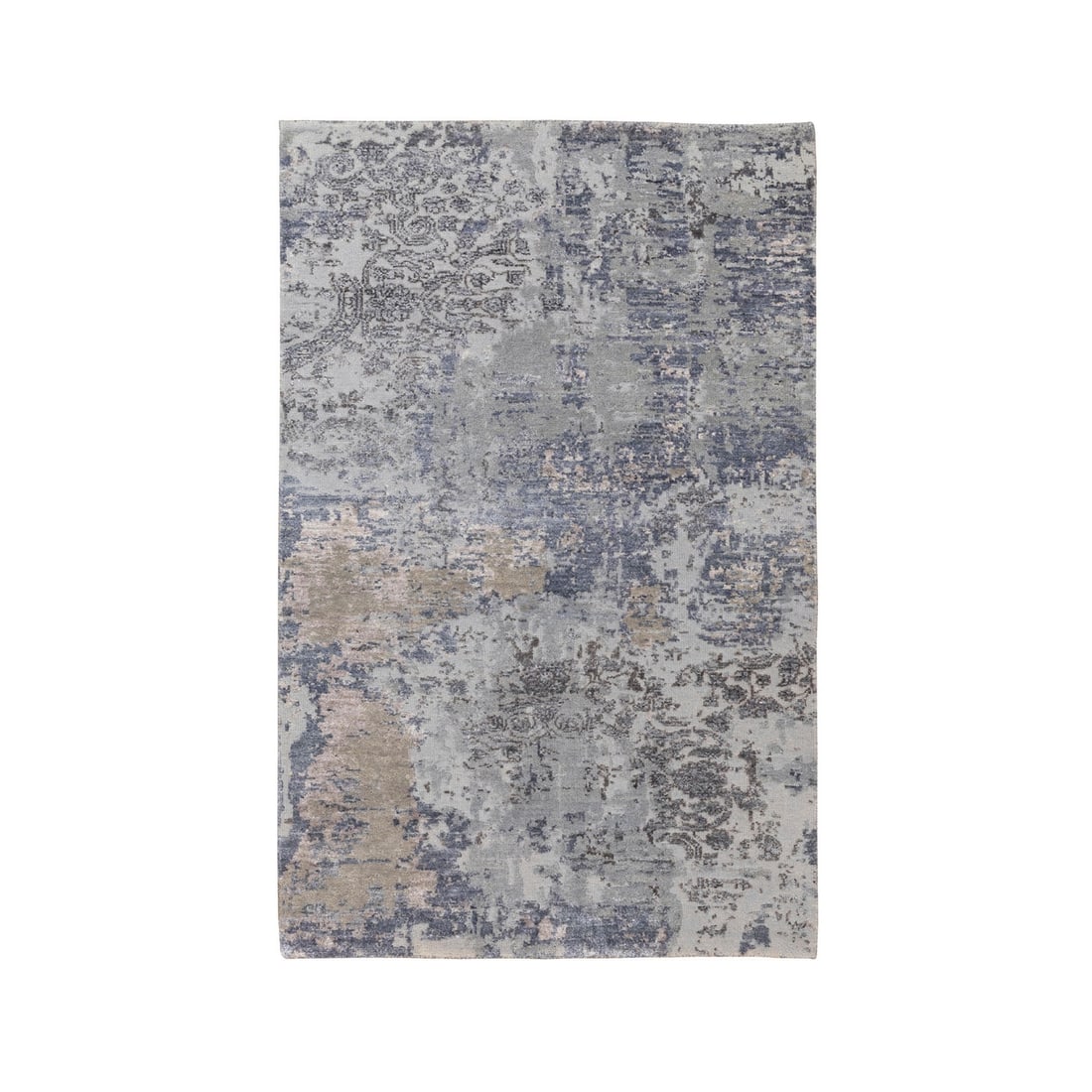 3'x5' Gray Erased Design Wool And Silk Hand Knotted Rug: 3'x5' Gray Erased Design Wool And Silk Hand Knotted Rug The 3'x5' Gray Erased Design Wool and Silk Hand Knotted Rug boasts an abstract design in a soothing gray hue, created through the traditional