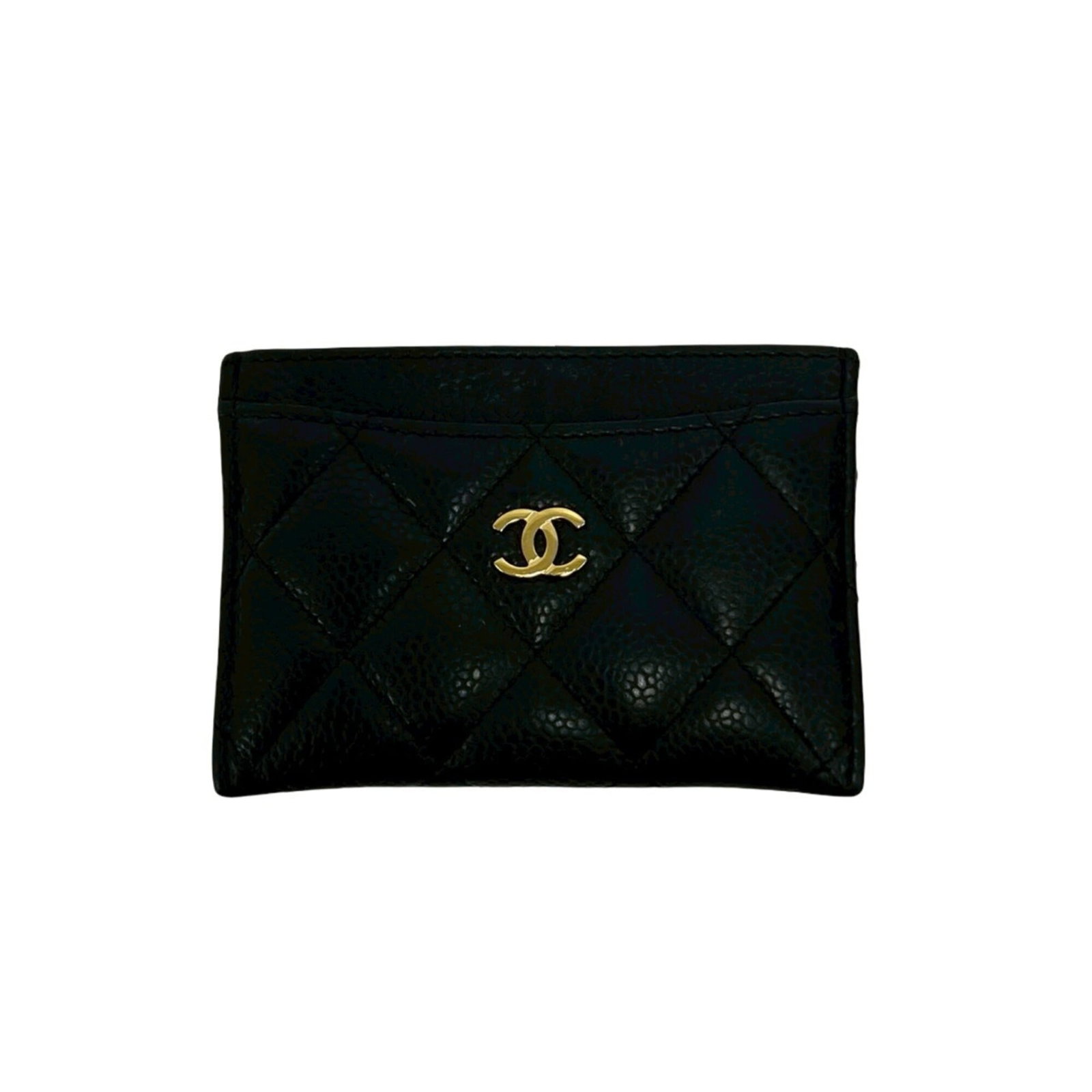 Calfskin card case by Chanel: Calfskin card case by Chanel Black Grained Calfskin Card Case by Chanel, measuring 8cm x 11cm. Made from high-quality calfskin material, this card case features a sleek and sophisticated design. Its
