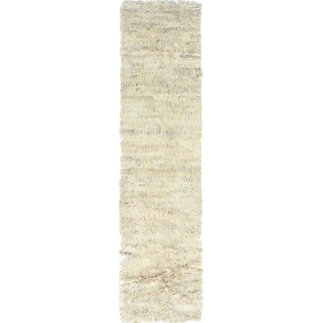 2'7"x10'1" Beige Shaggy Moroccan Natural Wool Hand Knotted Runner Rug: 2'7"x10'1" Beige Shaggy Moroccan Natural Wool Hand Knotted Runner Rug This stunning Moroccan natural wool hand knotted runner rug boasts a beautiful beige shaggy pile, adding warmth and texture to