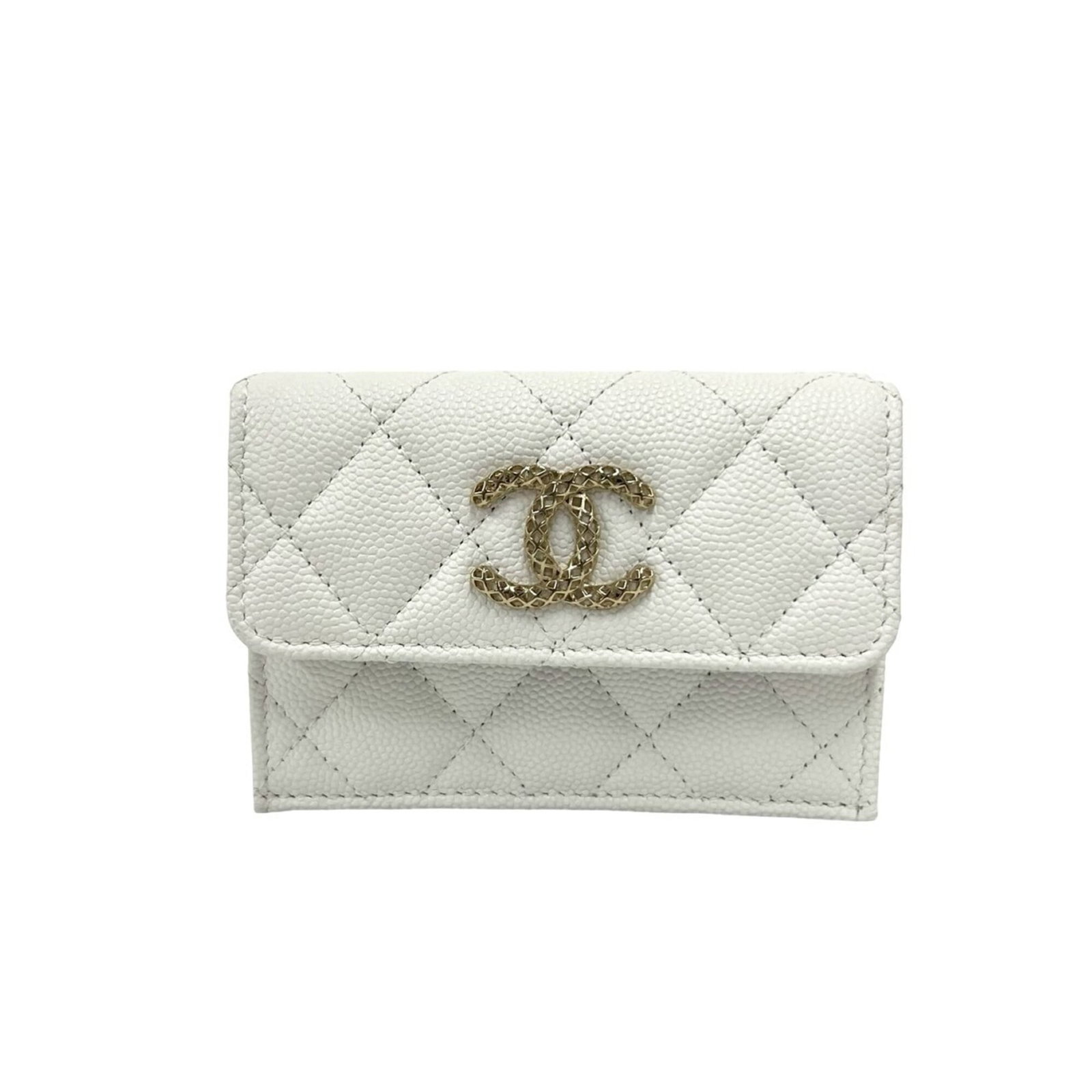 Chanel Wallet (Tri-Fold) Grained Calfskin: Chanel Wallet (Tri-Fold) Grained Calfskin White Grained Calfskin Tri-Fold Wallet from Chanel, measuring 7.5cm x 10.5cm x 3.5cm. This classic wallet features a timeless design and premium material,