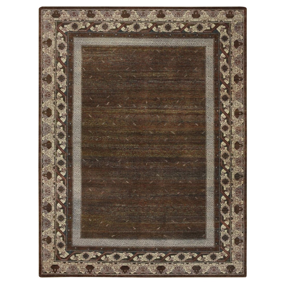 Brown wool hand knotted rug influence intricate design khotan pure: Brown wool hand knotted rug influence intricate design khotan pure Brown wool hand-knotted rug with intricate design from Khotan, featuring an all-over oriental pattern and rectangular field shape.