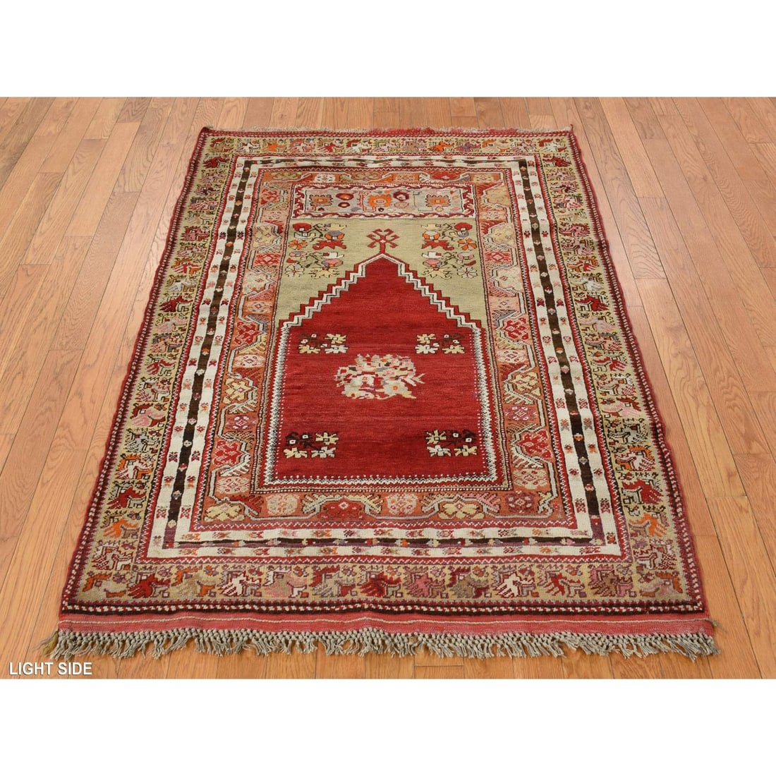 3'10"x5'4" Red Hand Knotted Antique Bergama Prayer Soft Wool Oriental Rug: 3'10"x5'4" Red Hand Knotted Antique Bergama Prayer Soft Wool Oriental Rug The Red Hand Knotted Antique Bergama Prayer Soft Wool Oriental Rug boasts a striking rectangular field with vibrant red and