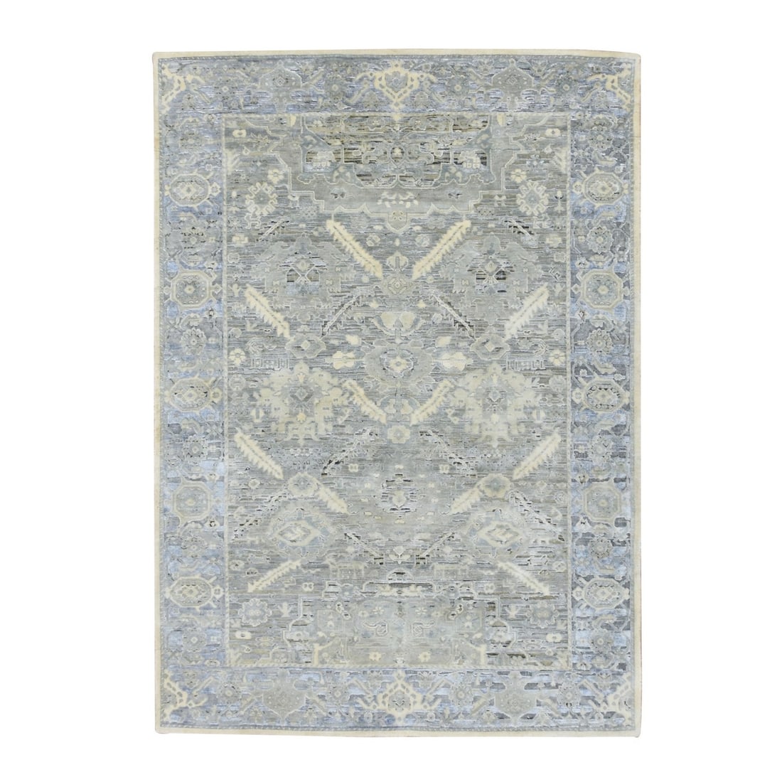 5'2"x7'4" Gray Pure Silk Oushak Design with Geometric Pattern Hand Knotted: 5'2"x7'4" Gray Pure Silk Oushak Design with Geometric Pattern Hand Knotted Silk Oushak design with geometric pattern, hand knotted in grey on a rectangular field. This stunning piece features an all-o