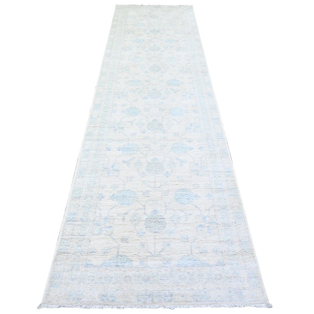 3'1"x11'7" Ivory Washed Out Peshawar Wool Hand Knotted Runner Rug: 3'1"x11'7" Ivory Washed Out Peshawar Wool Hand Knotted Runner Rug This stunning ivory-washed out Peshawar wool hand-knotted runner rug boasts an impressive 11'7" length, making it a striking addition