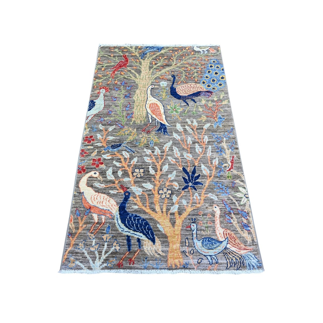 3'x5' Gray Birds Paradise Hand Knotted Peshawar 100% Wool Oriental Rug: 3'x5' Gray Birds Paradise Hand Knotted Peshawar 100% Wool Oriental Rug Gray Birds Paradise Hand Knotted Peshawar 100% Wool Oriental Rug boasts a stunning rectangular field with intricate regional