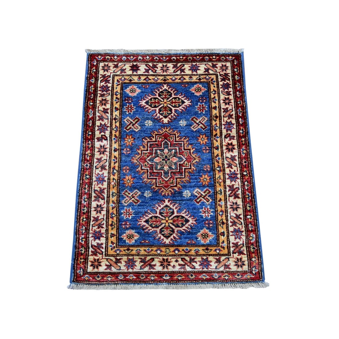 2'1"x3' Blue Afghan Super Kazak Hand Knotted Pure Wool Mat Rug: 2'1"x3' Blue Afghan Super Kazak Hand Knotted Pure Wool Mat Rug This stunning Blue Afghan Super Kazak Hand Knotted Pure Wool Mat Rug boasts an all-over regional design, showcasing the rich cultural