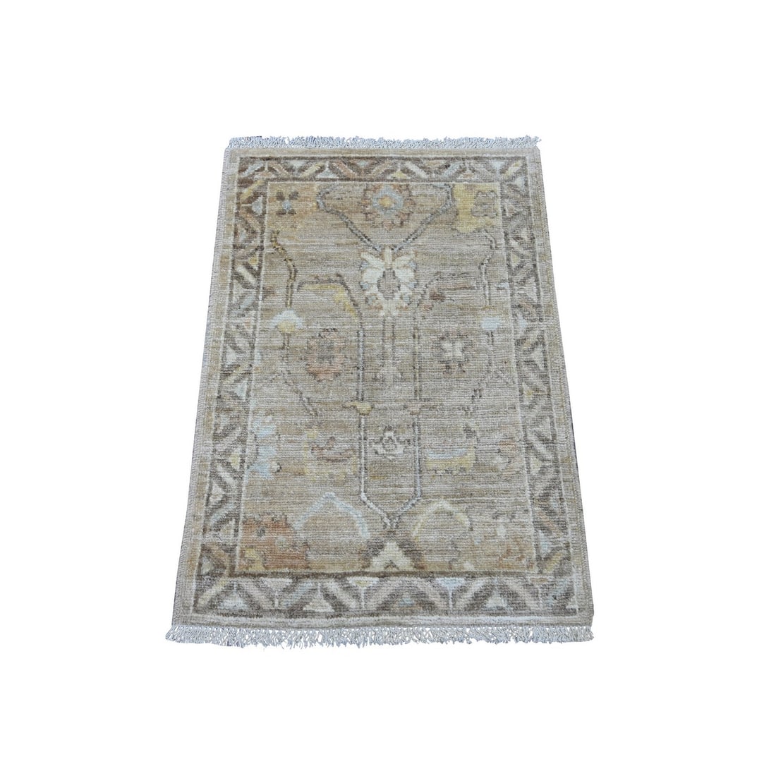 2'x3' Brown Pure Wool Afghan Angora Oushak Hand Knotted Mat Oriental Rug: 2'x3' Brown Pure Wool Afghan Angora Oushak Hand Knotted Mat Oriental Rug This stunning Oushak-style rug boasts a rich, warm brown color and intricate floral patterns, woven in the traditional