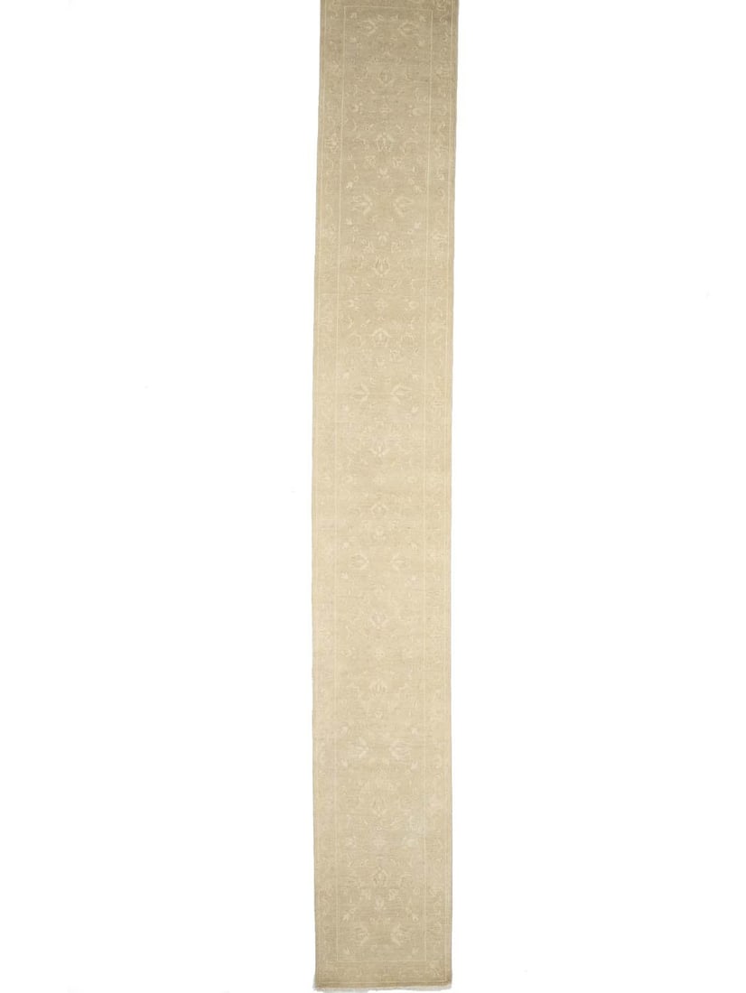 2'6X18'2 Floral Transitional Hand-Knotted Muted Beige Oriental Runner Rug Carpet Hand-Knotted: 2'6X18'2 Floral Transitional Hand-Knotted Muted Beige Oriental Runner Rug Carpet Hand-Knotted Hand-knotted in wool and cotton, this 2'6 x 18'2 floral transitional runner rug boasts a beautiful muted