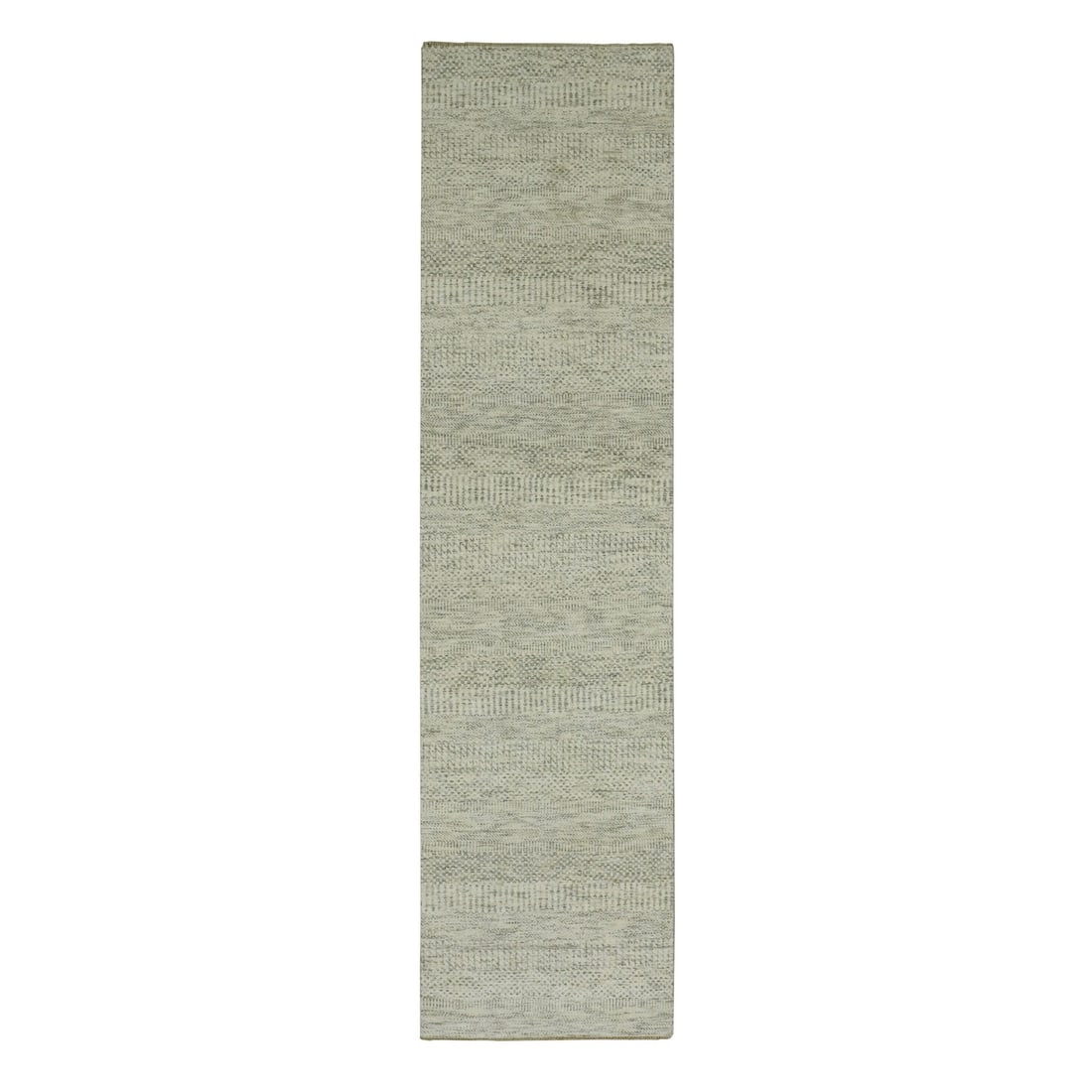 2'6"x10'1" Moderne White Hand Knotted Modern Grass 100% Wool Runner Rug: 2'6"x10'1" Moderne White Hand Knotted Modern Grass 100% Wool Runner Rug Hand-knotted in 100% wool, this Modern Grass rug boasts an elegant ivory color and subtle gray undertones. Measuring 2'6" x
