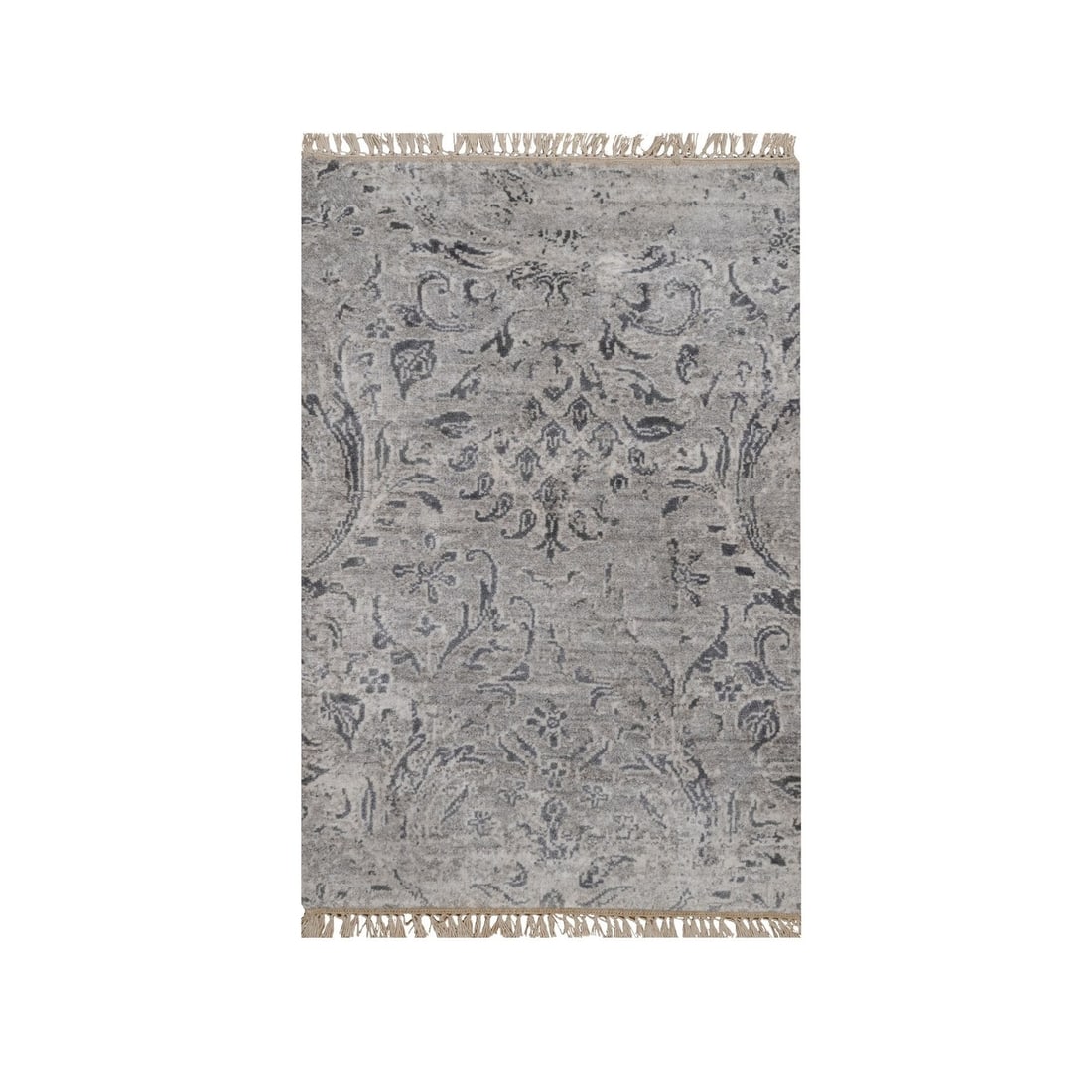 2'x3' Cloud Gray Hand Knotted Damask Design Wool and Silk Mat Oriental Rug: 2'x3' Cloud Gray Hand Knotted Damask Design Wool and Silk Mat Oriental Rug Cloud Gray Hand Knotted Damask Design Wool and Silk Mat Oriental Rug boasts a stunning all-over grey field with intricate wea
