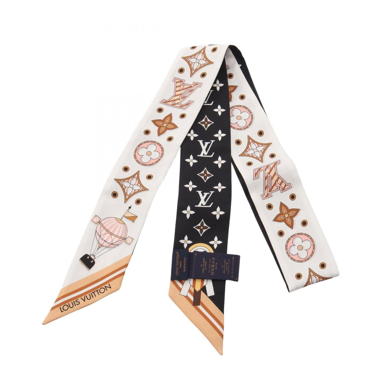 Silk Scarf by Louis Vuitton: Silk Scarf by Louis Vuitton Silk Scarf by Louis Vuitton, featuring a striking black and multi-color design, boasts a luxurious silk material with a size of 1.21m x 5cm. The scarf's elegant dimensions 