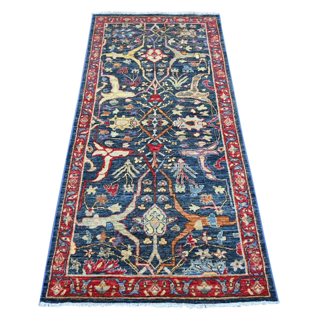 3'x6' Blue Peshawar with Bijar Garus Design Wool Hand Knotted Runner Rug: 3'x6' Blue Peshawar with Bijar Garus Design Wool Hand Knotted Runner Rug Blue Peshawar with Bijar Garus Design Wool Hand Knotted Runner Rug, measuring 2'11" x 6'0" and boasting an all-over regional de