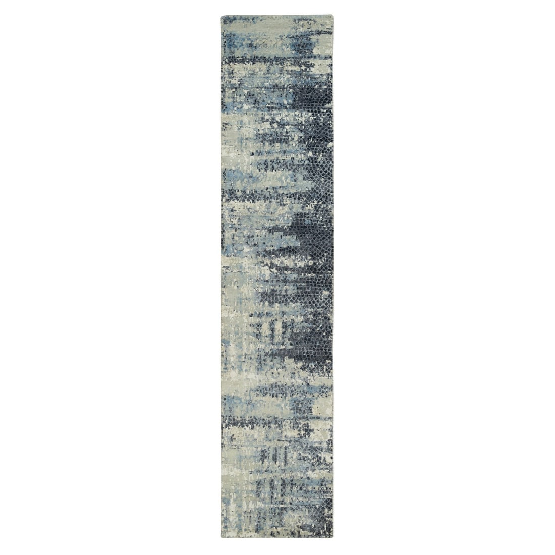 2'6"x12' Nevada Gray Wool and Silk Hand Knotted Modern Design Runner Rug: 2'6"x12' Nevada Gray Wool and Silk Hand Knotted Modern Design Runner Rug Silk and wool blend in a modern design, creating a sophisticated look for indoor spaces. Hand-knotted with a subtle grey field 