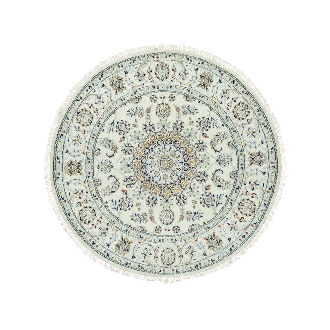 5'x5' Droplets White Hand Knotted Nain Center Medallion Floral Round Rug: 5'x5' Droplets White Hand Knotted Nain Center Medallion Floral Round Rug This stunning 5'x5' Droplets White Hand Knotted Nain Center Medallion Floral Round Rug boasts intricate floral patterns and a b