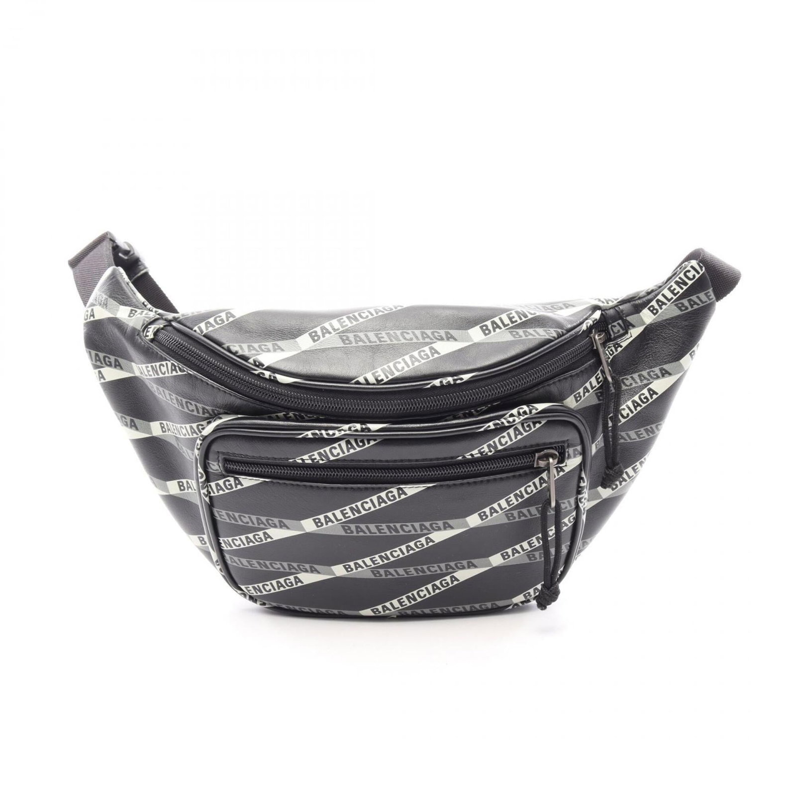 Fanny pack leather Balenciaga: Fanny pack leather Balenciaga Black, Gray, and White leather Balenciaga fanny pack with dimensions 19cm x 34cm x 2cm. This stylish accessory boasts a sleek design and premium leather material. A signa