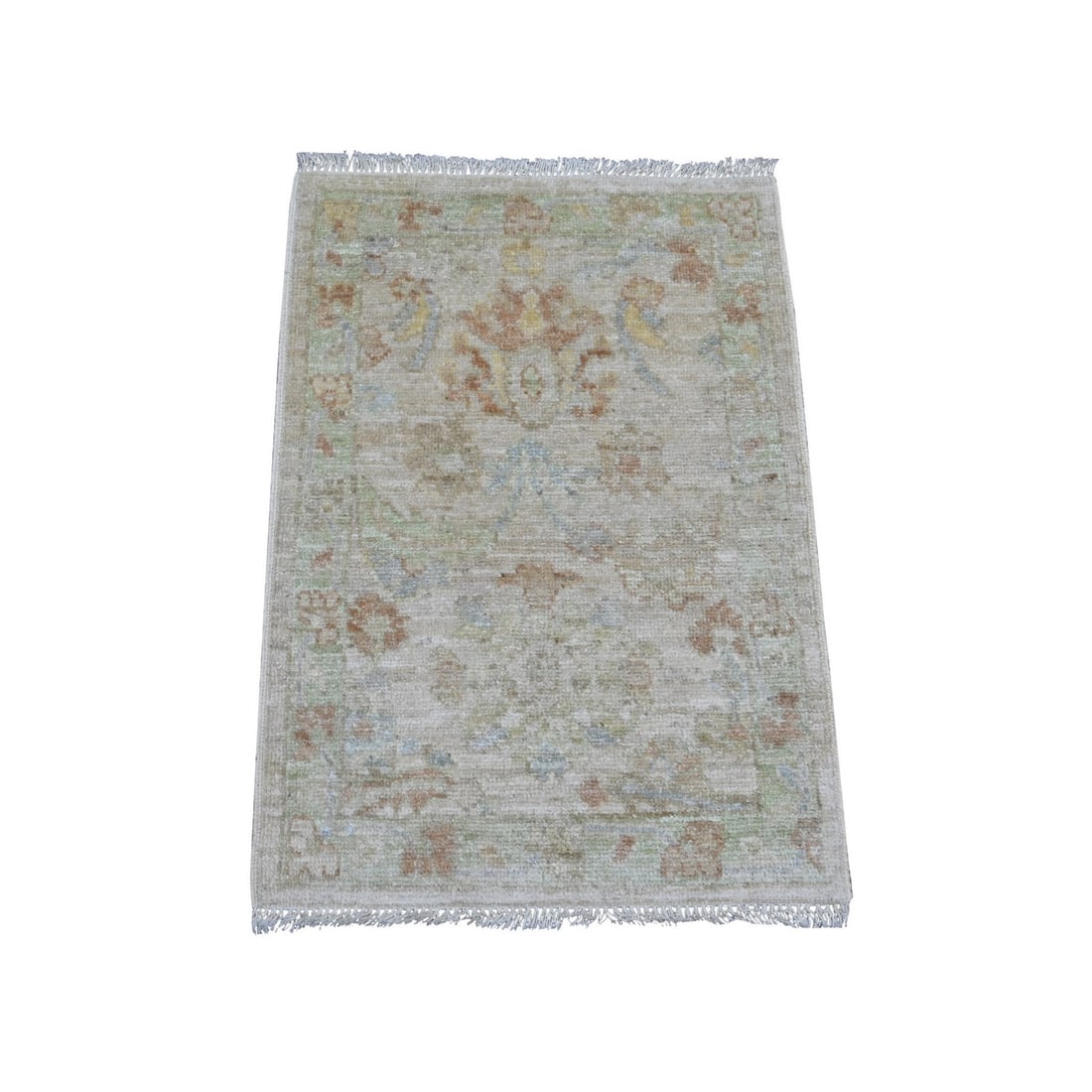2'1"x3' Gray Afghan Angora Oushak Hand Knotted Pure Wool Mat Oriental Rug: 2'1"x3' Gray Afghan Angora Oushak Hand Knotted Pure Wool Mat Oriental Rug The Oushak hand-knotted pure wool mat boasts a stunning grey field with intricate floral patterns, set against a rich brown an