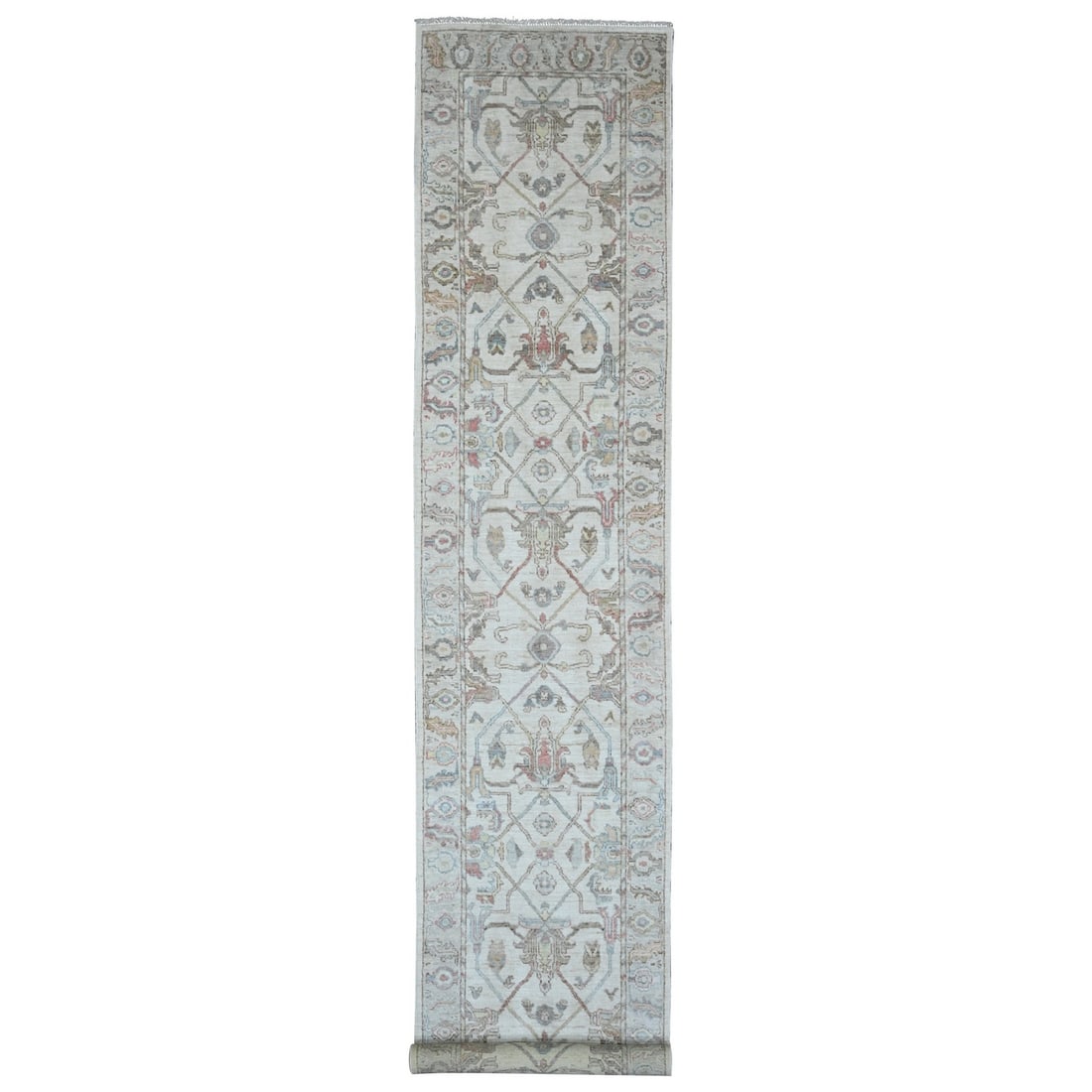 3'x15'9" White Afghan Angora Oushak Pure Wool Hand Knotted Runner Rug: 3'x15'9" White Afghan Angora Oushak Pure Wool Hand Knotted Runner Rug Hand-knotted in pure wool, this stunning 3'x15'9" Oushak-style runner rug boasts an exquisite ivory field with intricate regional