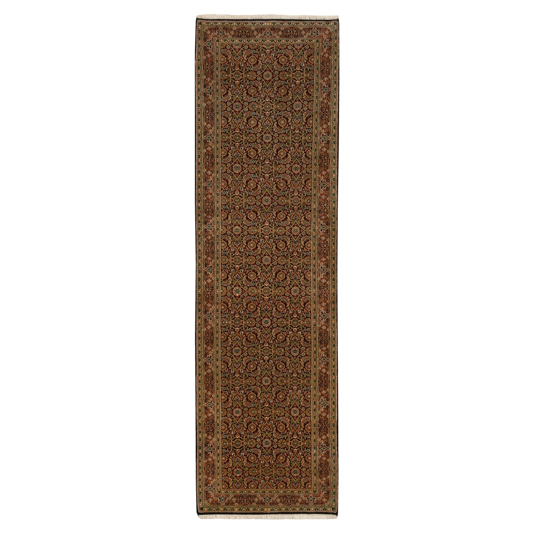 2'8"x9'9" Wool and Silk Herati Design 250 KPSI Hand Knotted Runner Rug: 2'8"x9'9" Wool and Silk Herati Design 250 KPSI Hand Knotted Runner Rug The Herati design rug boasts an intricate blue field with subtle green and yellow accents, set against a rich beige background. H