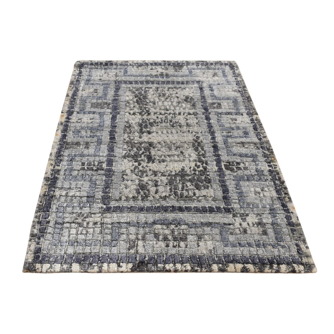 2'3"x3'2" Gray Silken Roman Mosaic Design Hand Knotted Sample Rug (1 of 9)